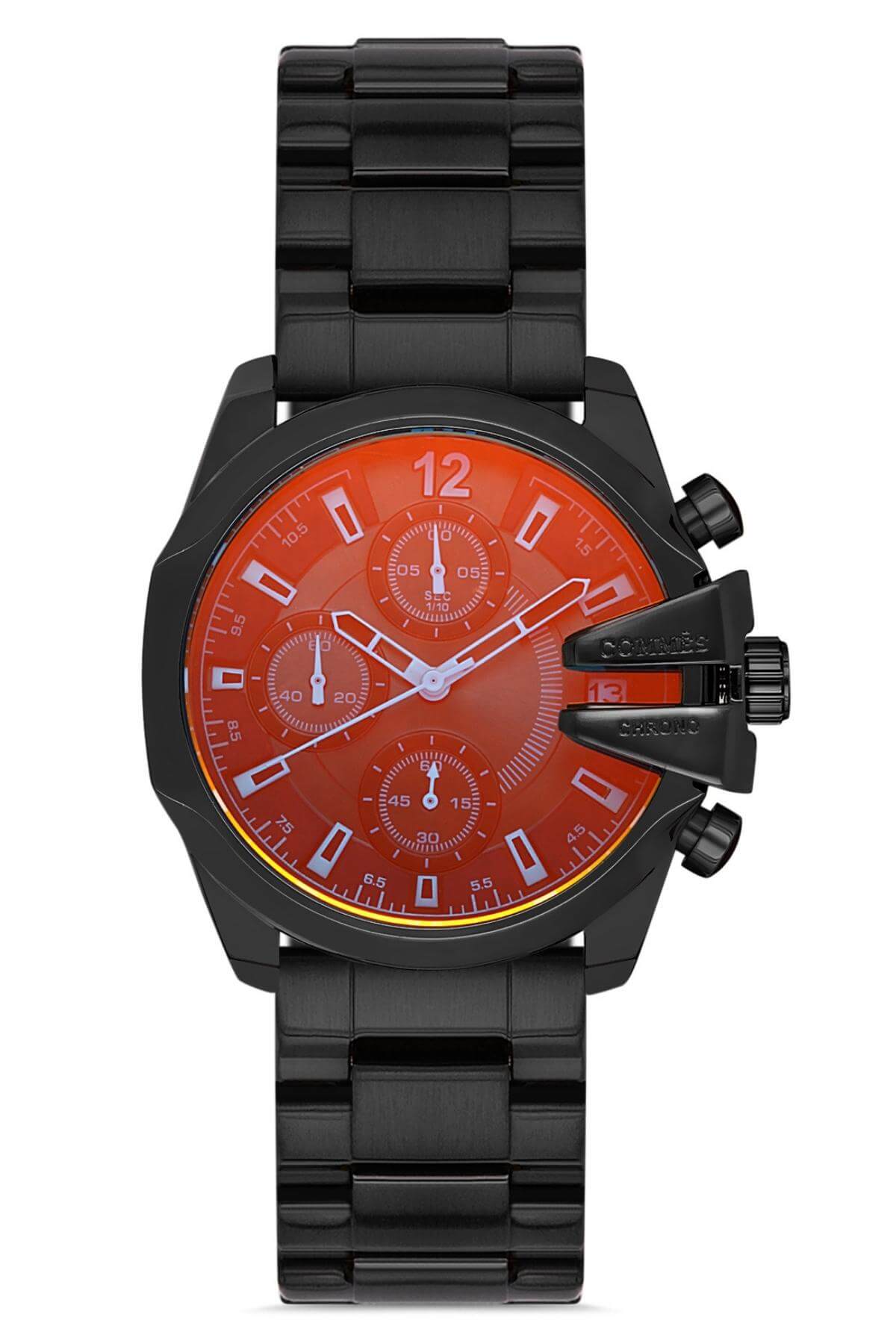 Commes Çelik Kordon Siyah Kırmızı Renk Özel Kesim Renkli Cam Takvimli Kadın Klasik Saat 0299L-BBK