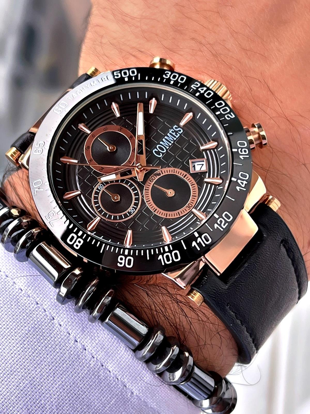 Commes Deri Kordon Kronometre ve Takvimli Siyah Rose Gold Renk Unisex Klasik Kol Saati CM1903D-BRBR