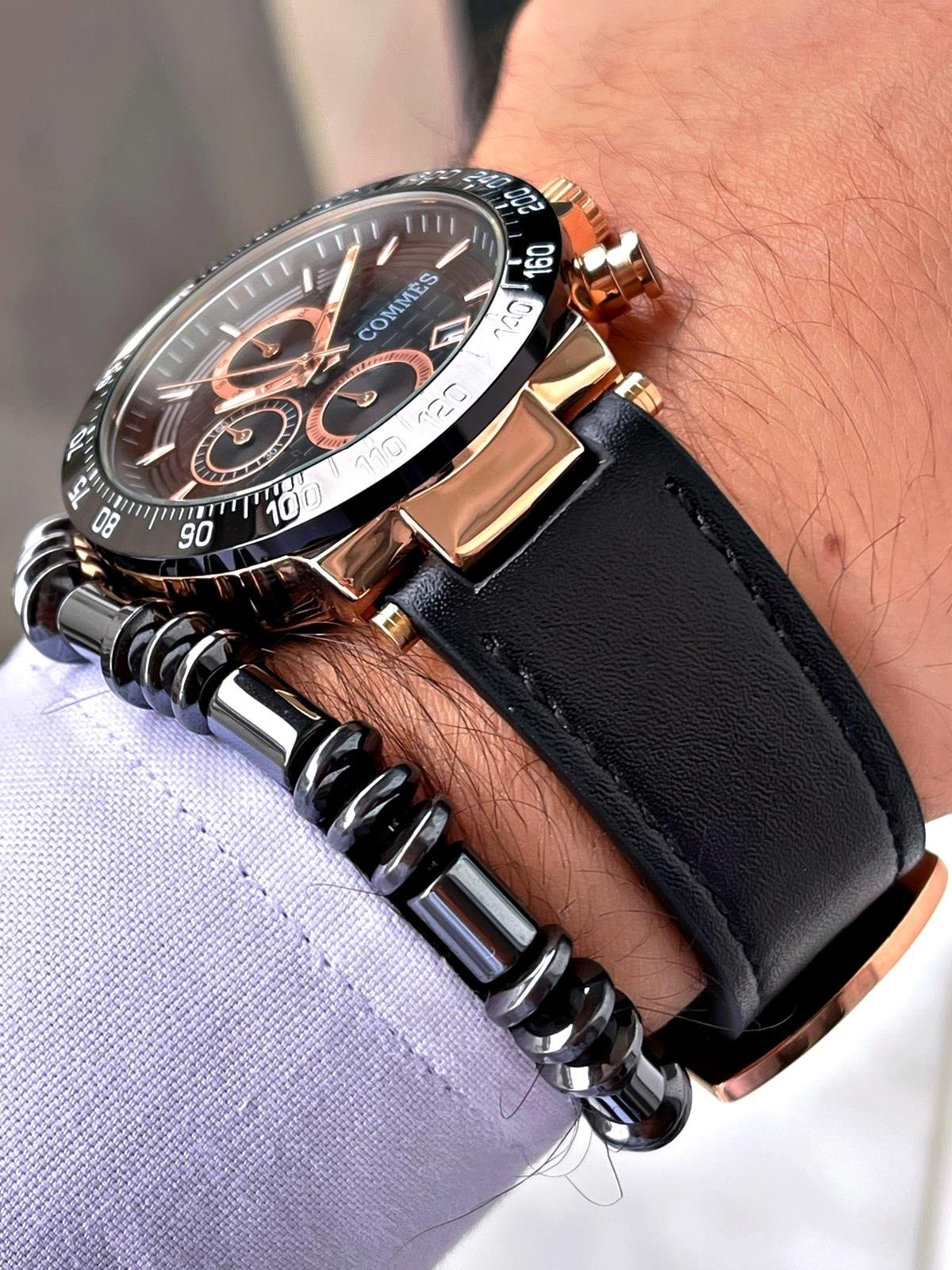 Commes Deri Kordon Kronometre ve Takvimli Siyah Rose Gold Renk Unisex Klasik Kol Saati CM1903D-BRBR