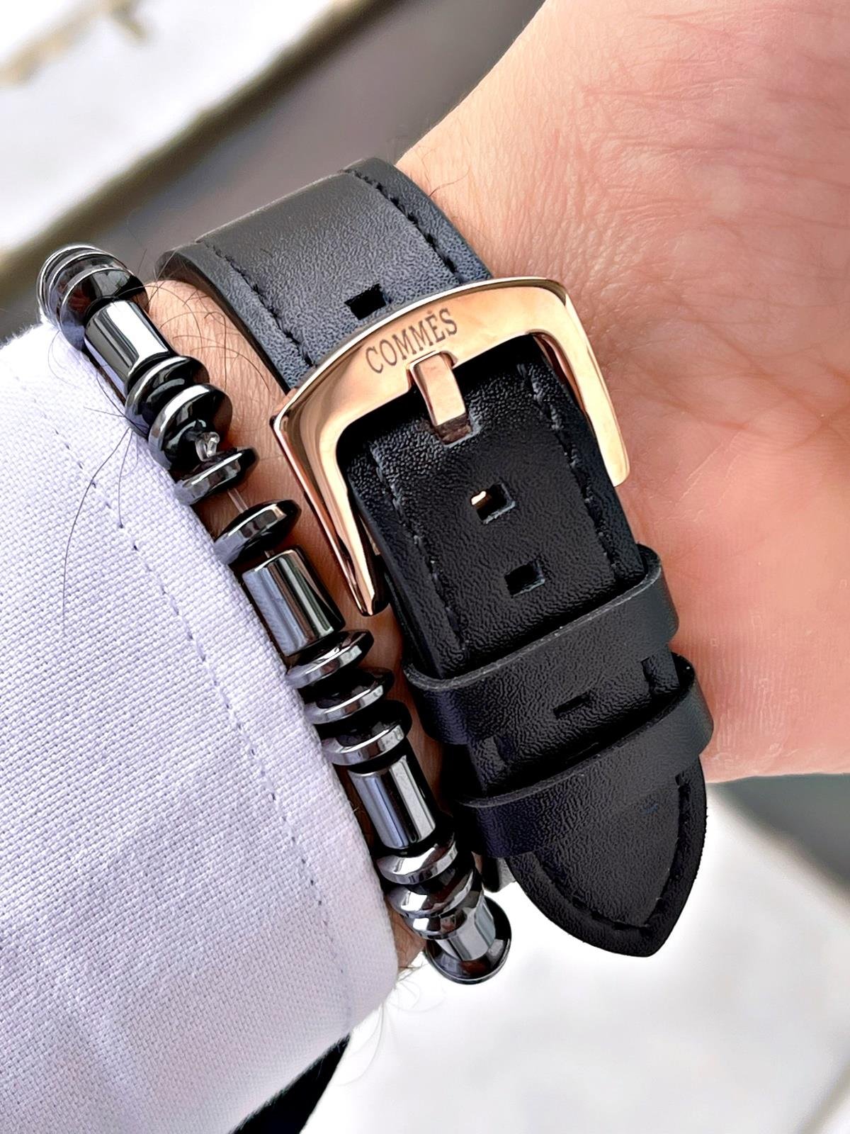 Commes Deri Kordon Kronometre ve Takvimli Siyah Rose Gold Renk Unisex Klasik Kol Saati CM1903D-BRBR