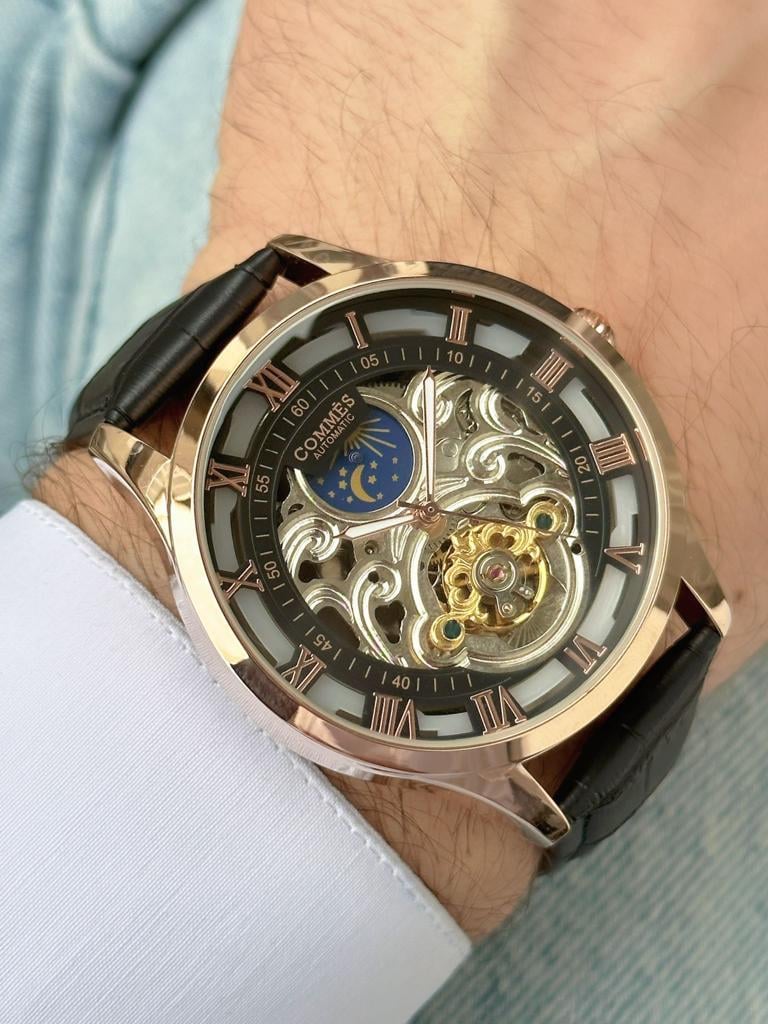 Commes Otomatik Şarj Mekanizmalı Deri Kordon Siyah Rose Gold Renk Erkek Klasik Kol Saati 8152D-BRB