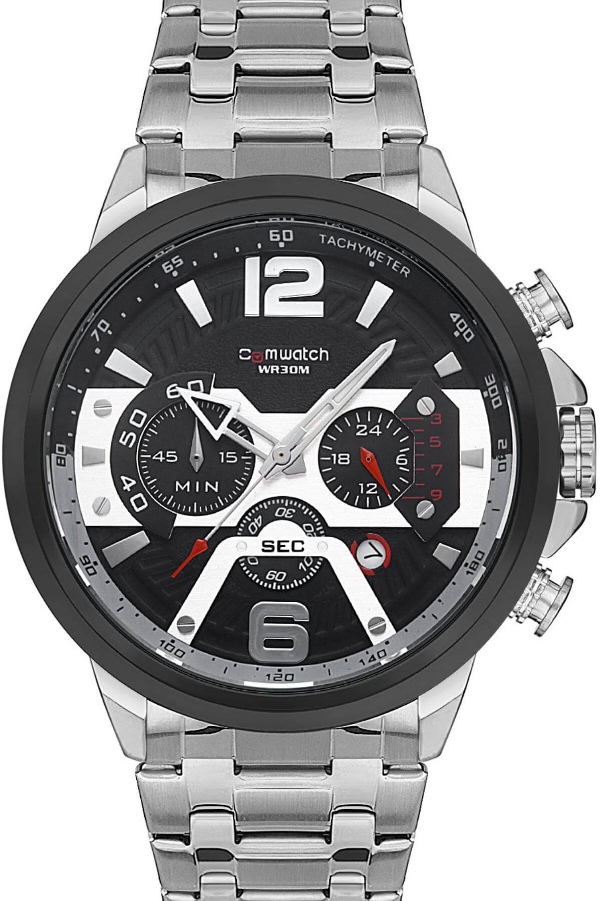 Comwatch Çelik Kordon Kronometre ve Takvimli Gümüş Siyah Renk Erkek Klasik Kol Saati 3007-SSBS