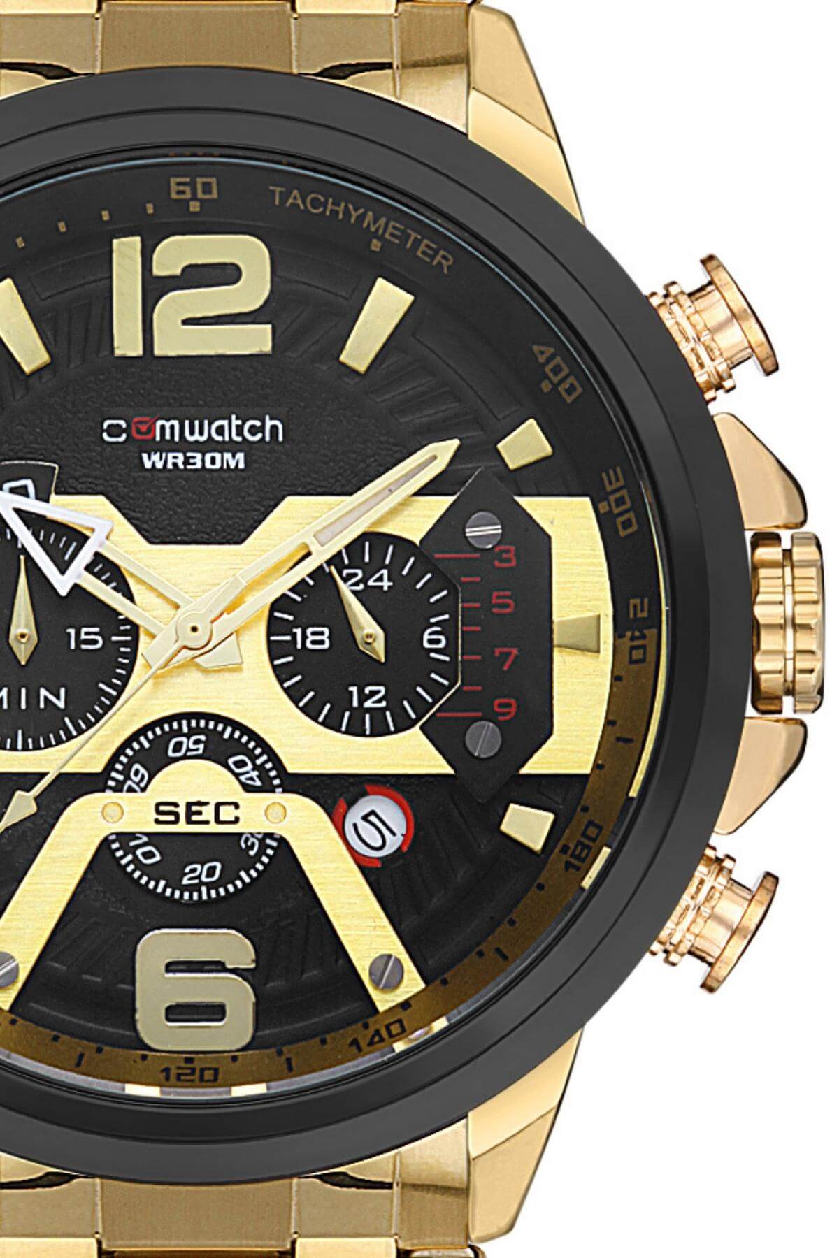 Comwatch Çelik Kordon Kronometre ve Takvimli Gold ve Siyah Renk Erkek Klasik Kol Saati 3007-GGBG