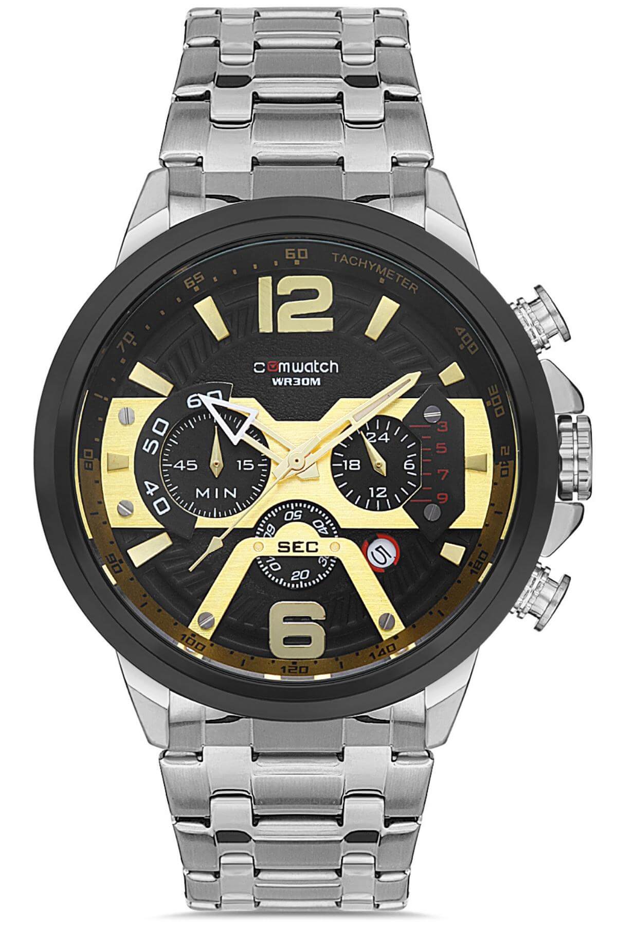 Comwatch Çelik Kordon Kronometre ve Takvimli Gümüş Gold Renk Erkek Klasik Kol Saati 3007-SSBG