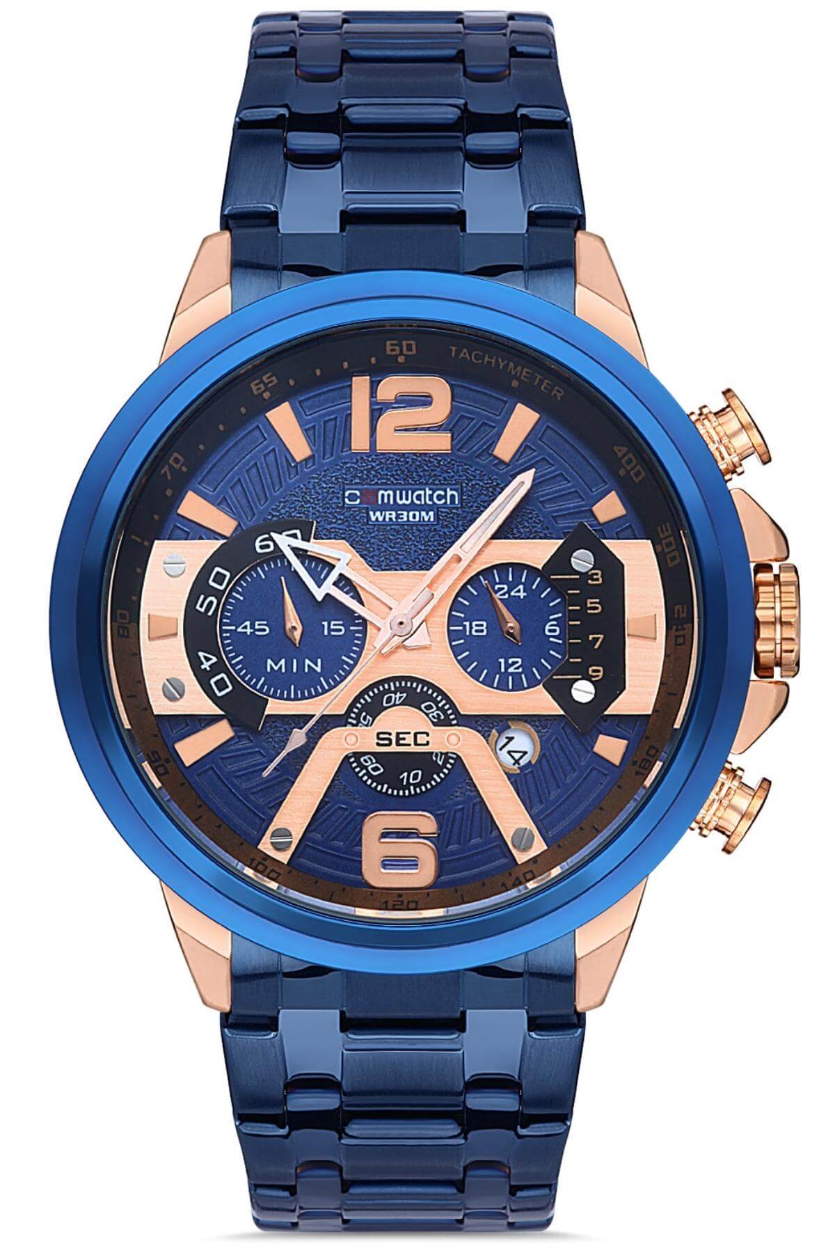 Comwatch Çelik Kordon Kronometre ve Takvimli Rose Gold Lacivert Renk Erkek Klasik Kol Saati 3007-MRMR