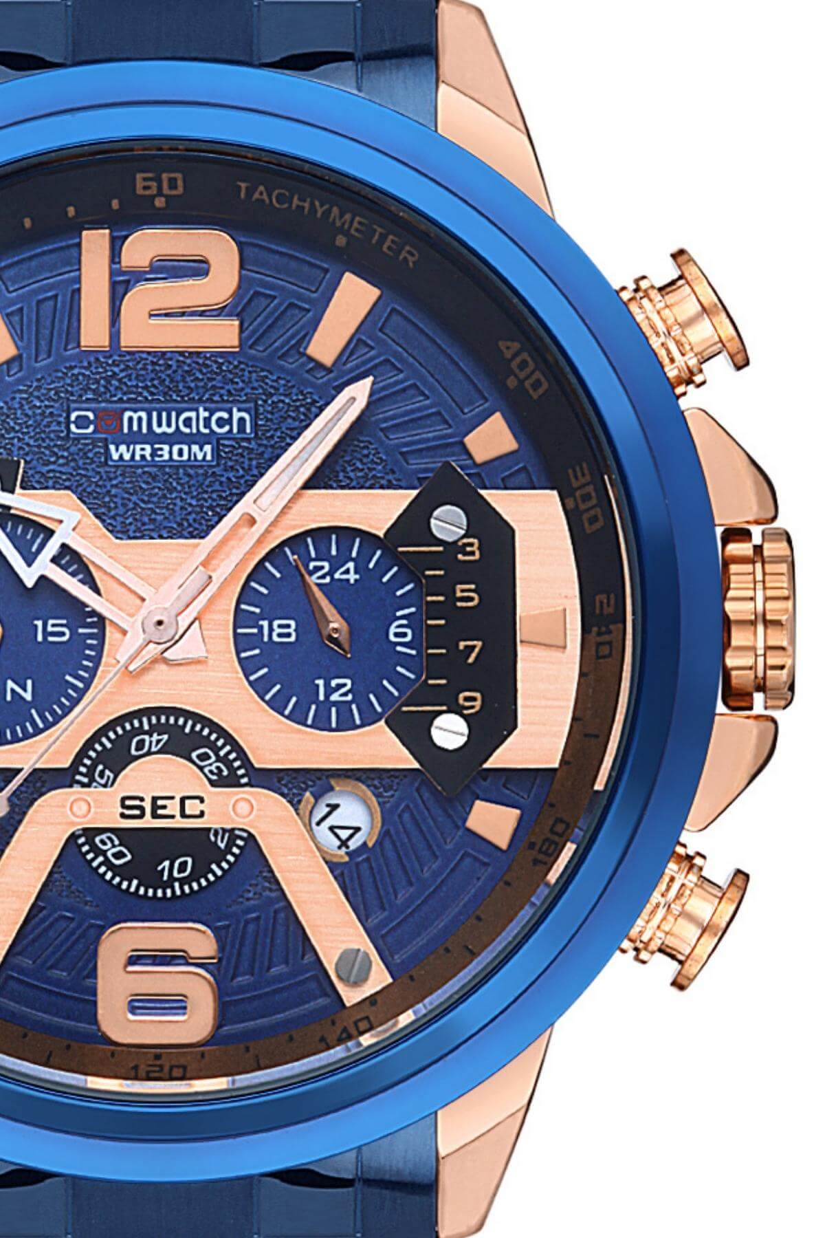 Comwatch Çelik Kordon Kronometre ve Takvimli Rose Gold Lacivert Renk Erkek Klasik Kol Saati 3007-MRMR