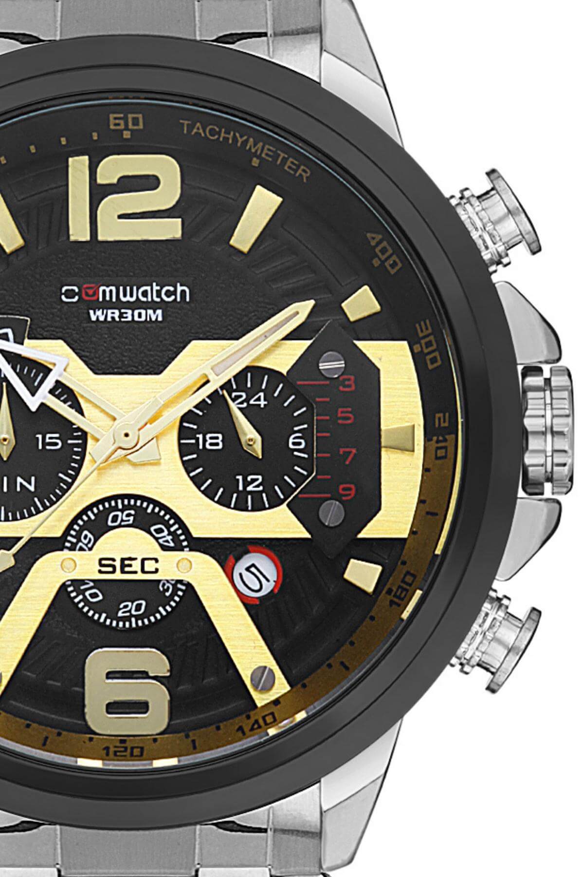 Comwatch Çelik Kordon Kronometre ve Takvimli Gümüş Gold Renk Erkek Klasik Kol Saati 3007-SSBG