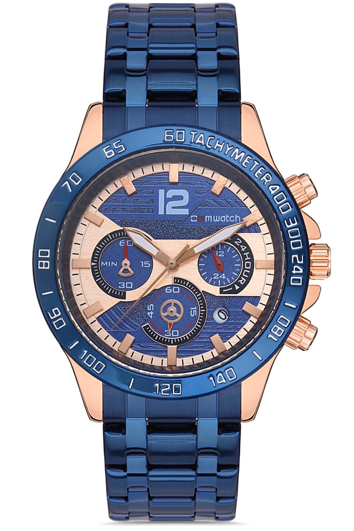 Comwatch Çelik Kordon Mavi Rose Renk Kronometreli Takvimli Erkek Klasik Kol Saati 3008-MRMR
