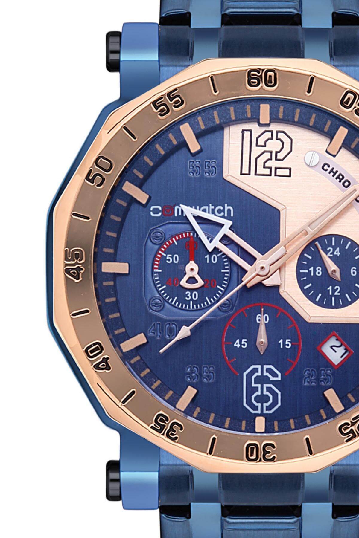 Comwatch Çelik Kordon Rose Mavi Renk Kronometre ve Takvimli Erkek Klasik Kol Saati 3005-MRMR