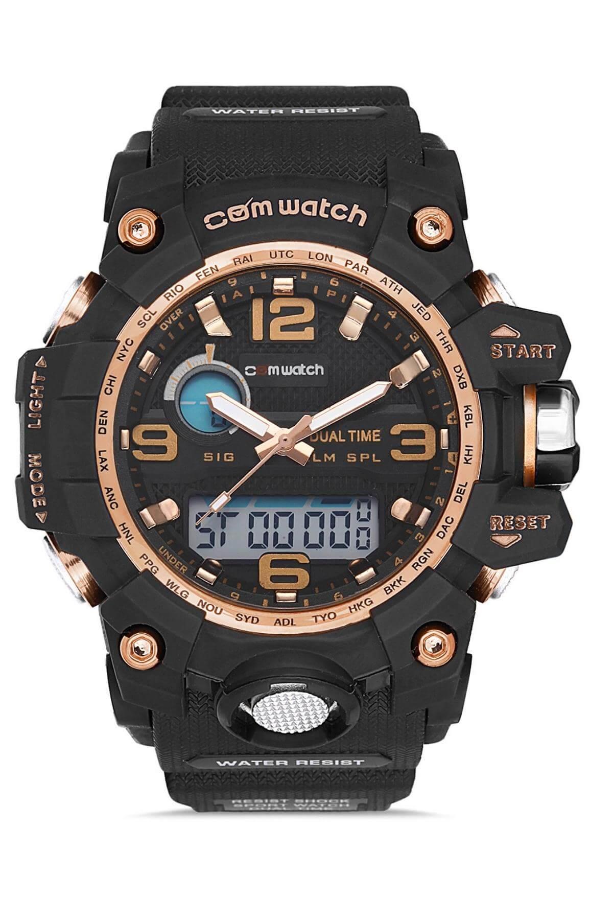 Comwatch Dijital Analog Mekanizmalı Silikon Kordon Siyah Renk Outdoor Erkek Spor Kol Saati 1523C-BBT