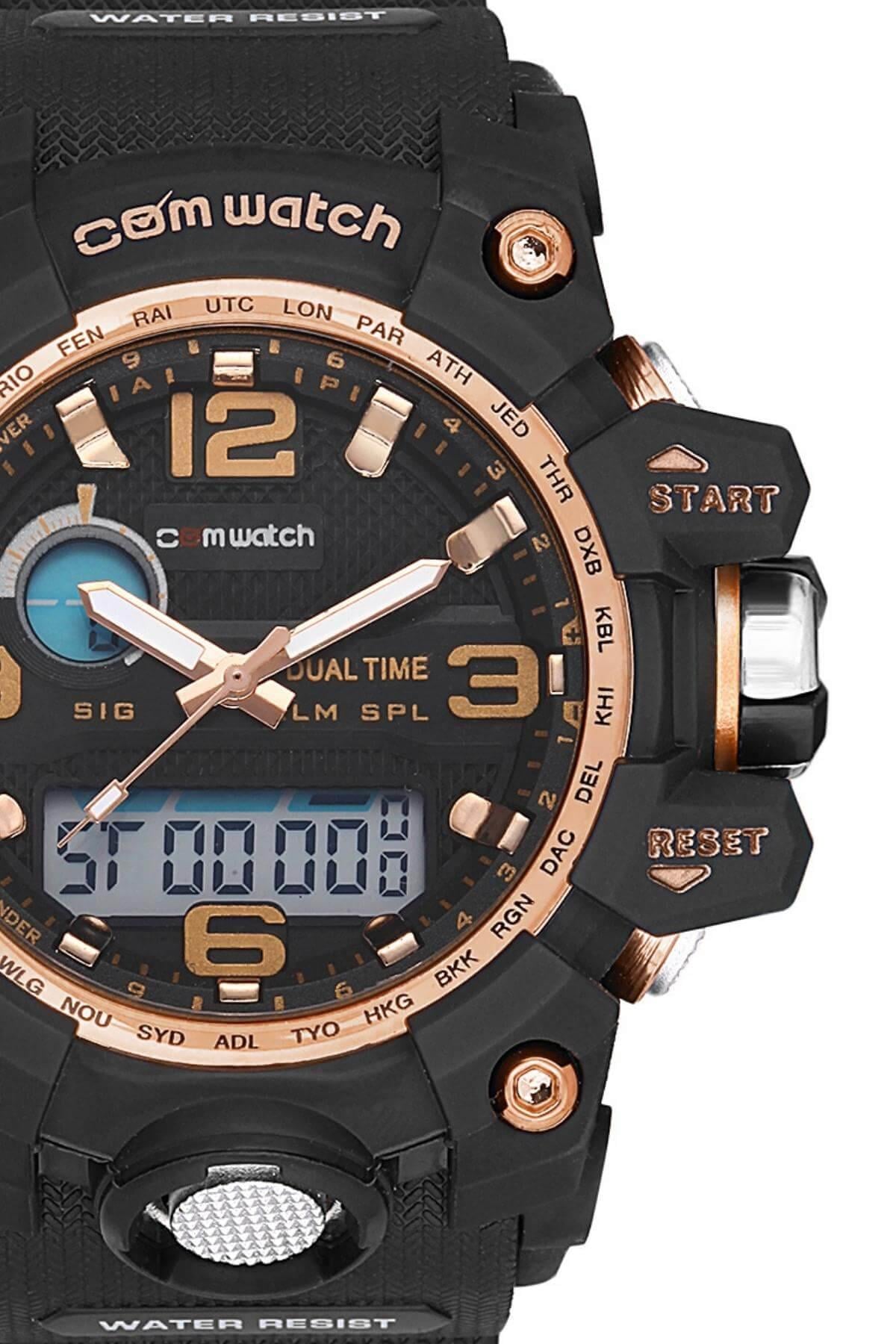 Comwatch Dijital Analog Mekanizmalı Silikon Kordon Siyah Renk Outdoor Erkek Spor Kol Saati 1523C-BBT