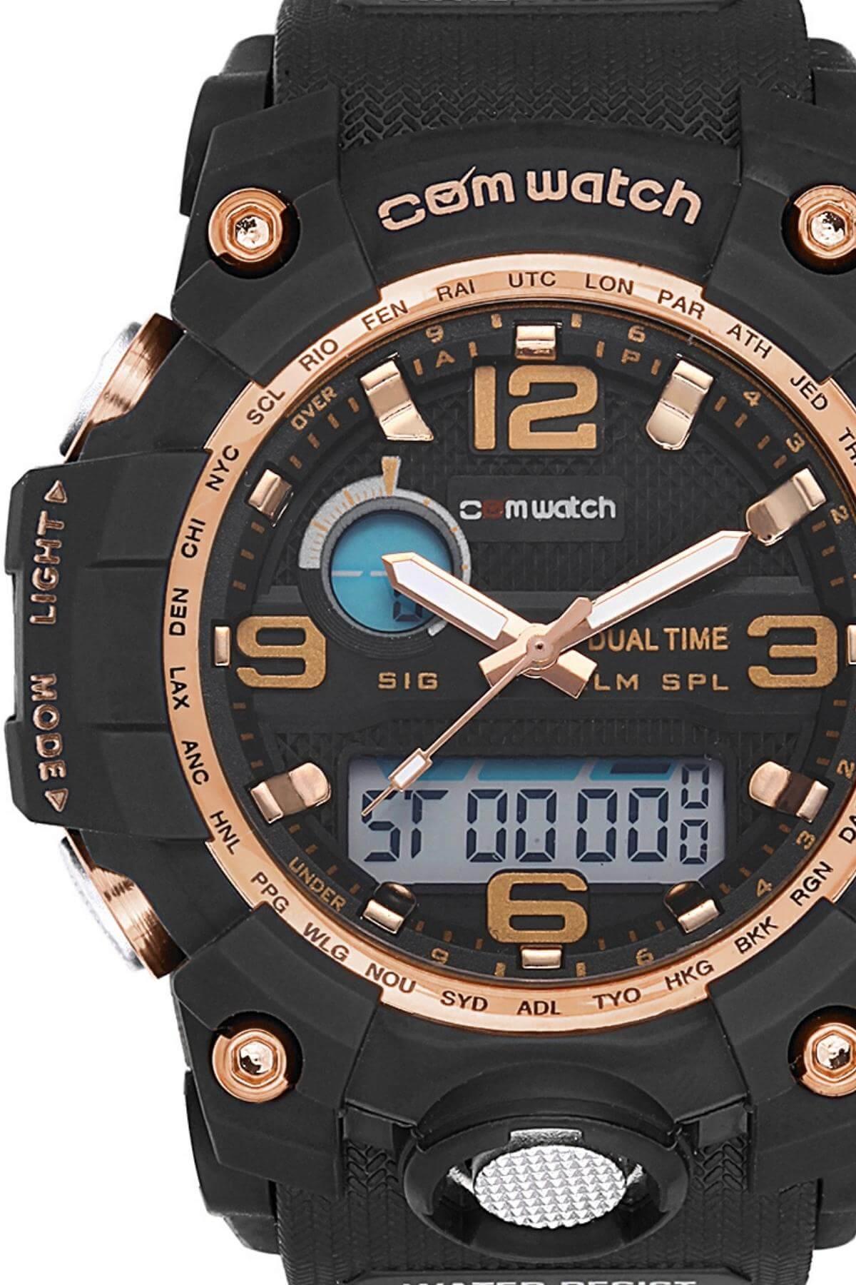 Comwatch Dijital Analog Mekanizmalı Silikon Kordon Siyah Renk Outdoor Erkek Spor Kol Saati 1523C-BBT