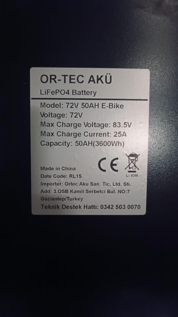 ORTEC 72V 50AH Lityum LiFePO4 Elektrikli Motosiklet Batarya BT + 72V 8.5A Lityum Şarj Aleti 