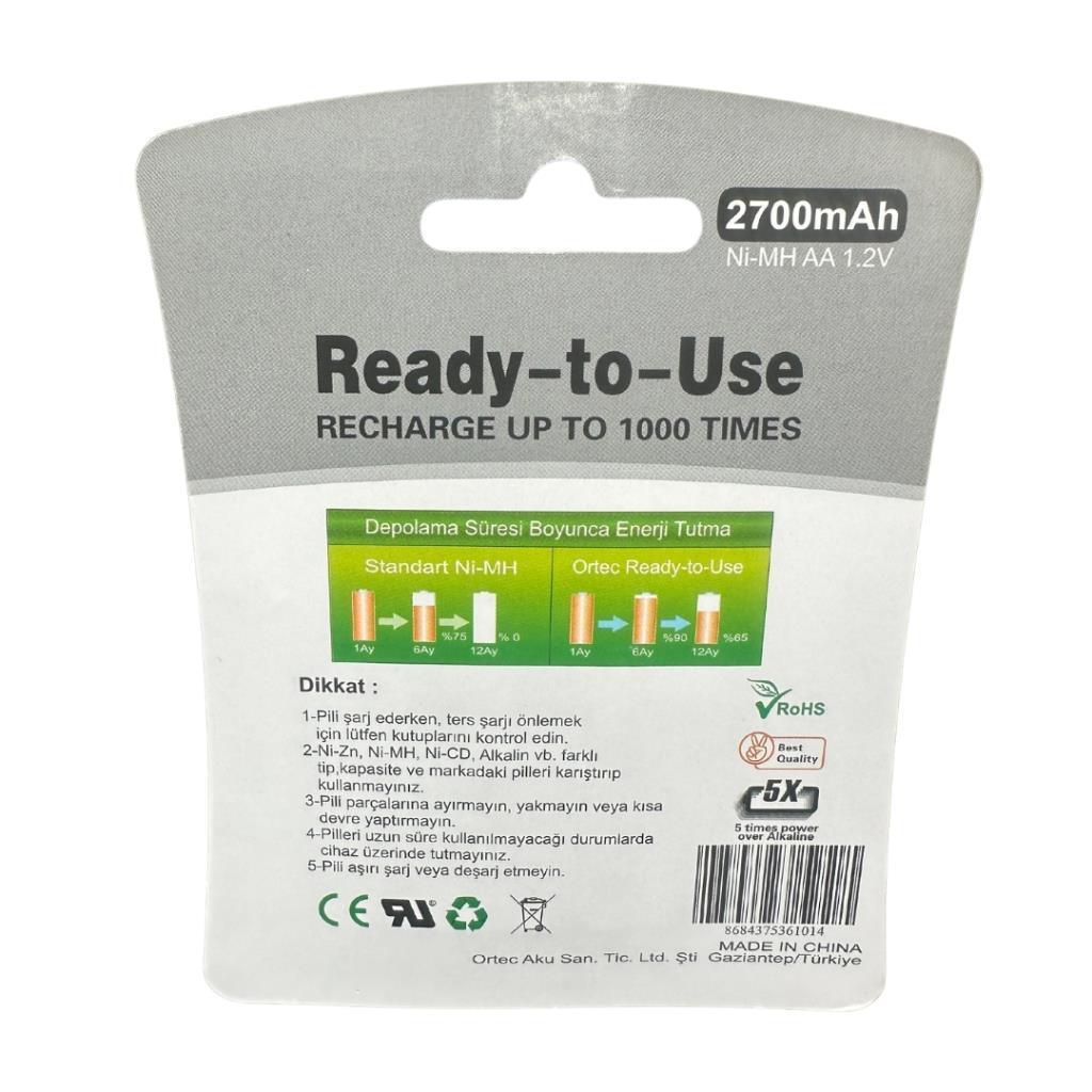 Ortec AA 1.2V Ni-MH 2700mAh Şarj Edilebilir Kalem Pil 2'Lİ Paket