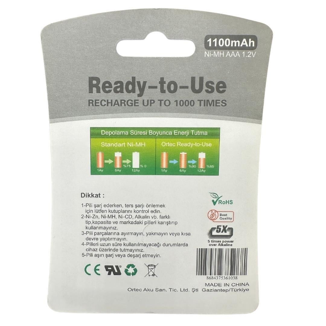 Ortec AAA 1.2V Ni-Mh 1100mAh Şarj Edilebilir İnce Kalem Pil 2'li Paket