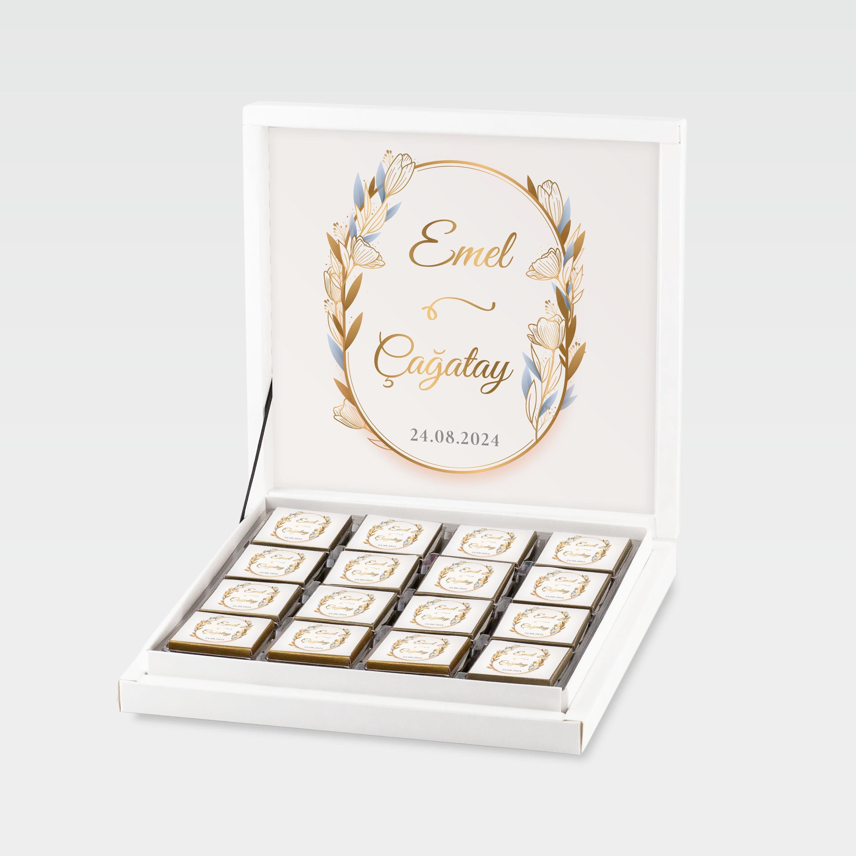 Gold Oval Çerçeveli Mavi Çiçek TemalıSöz/Nişan Çikolatası 
