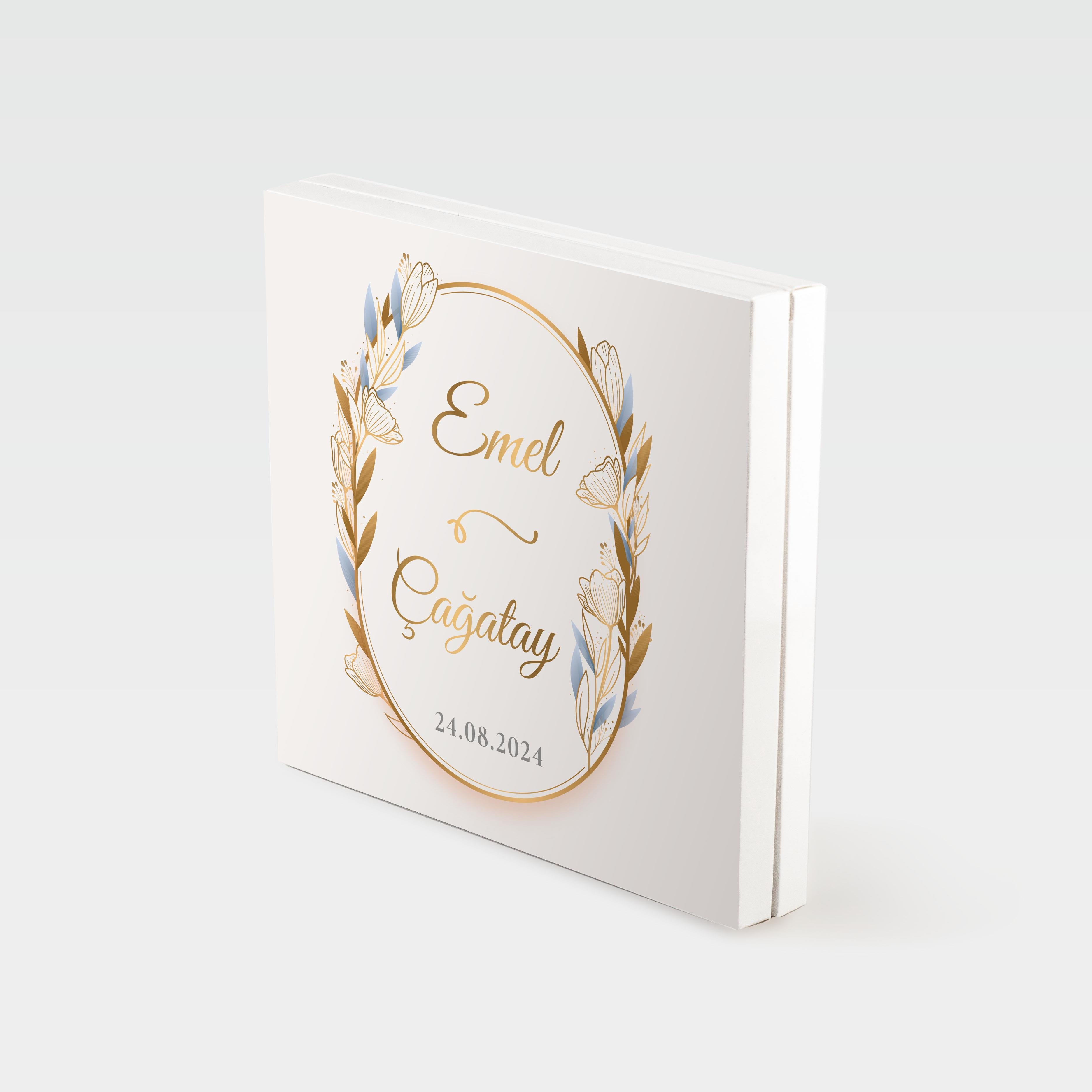 Gold Oval Çerçeveli Mavi Çiçek TemalıSöz/Nişan Çikolatası 