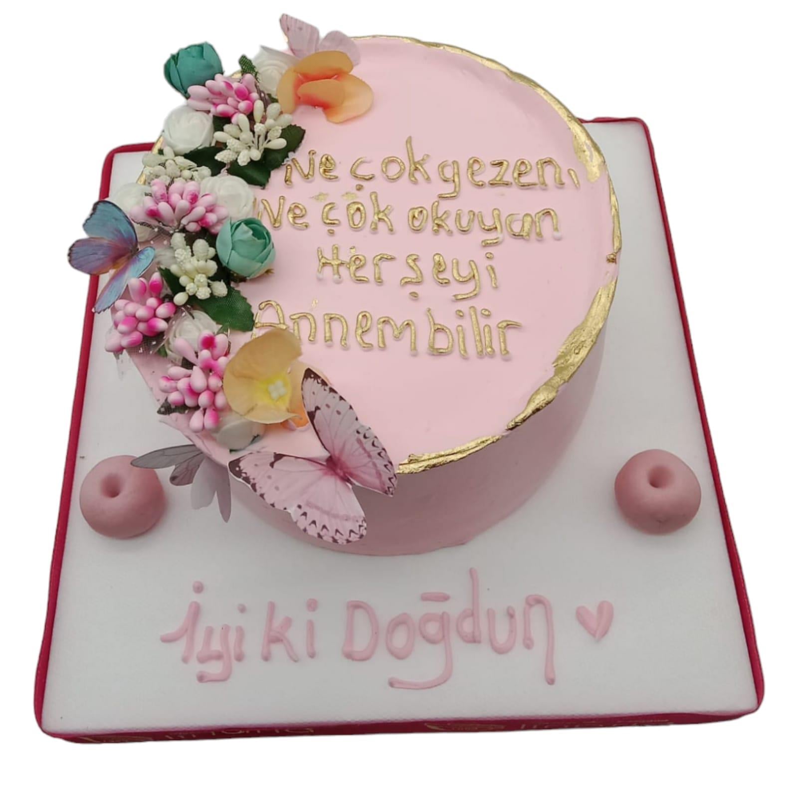 Pembe Çiçekli Yazılı Pasta