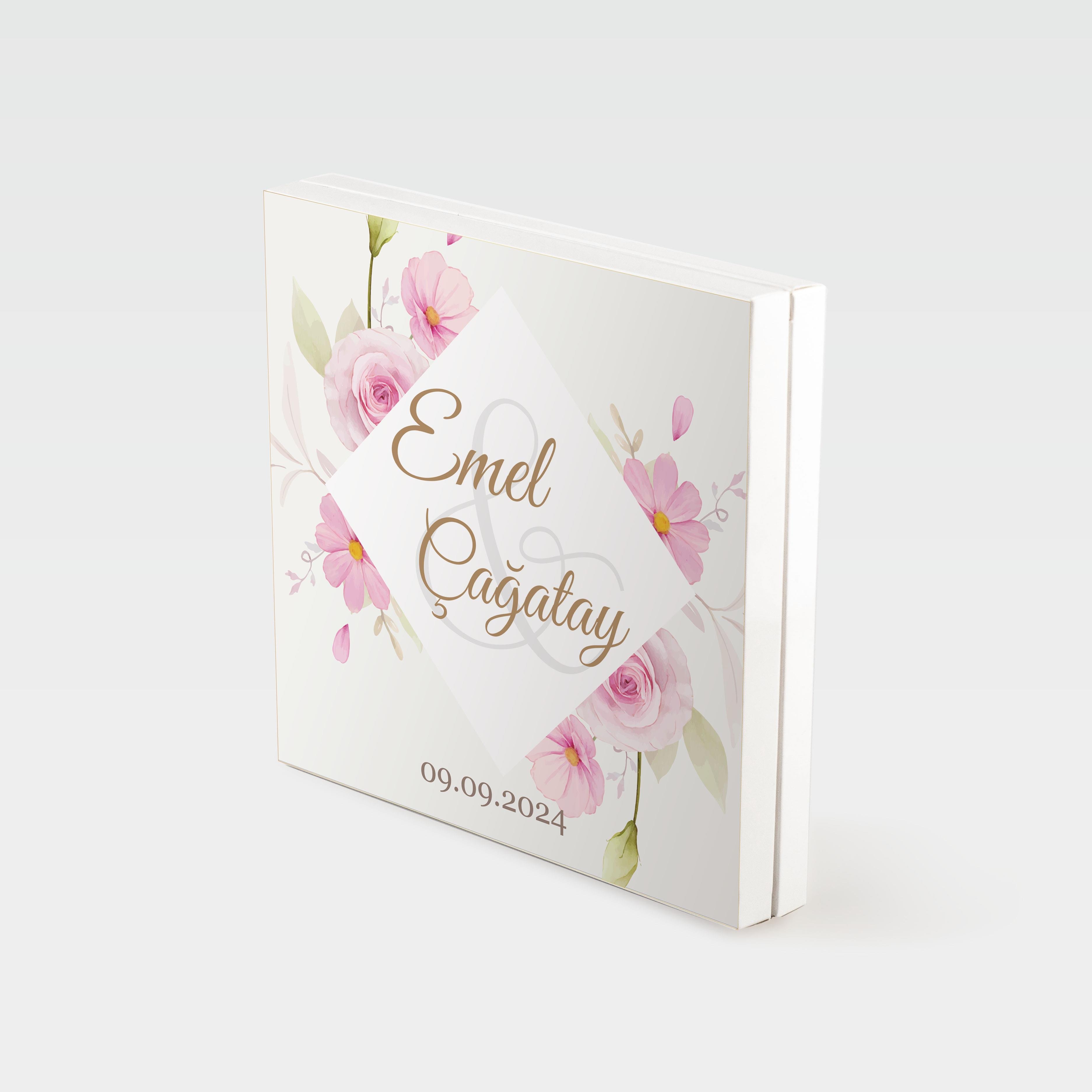 Romantik Pudra Pembe Gül Temalı Söz/Nişan Çikolatası 