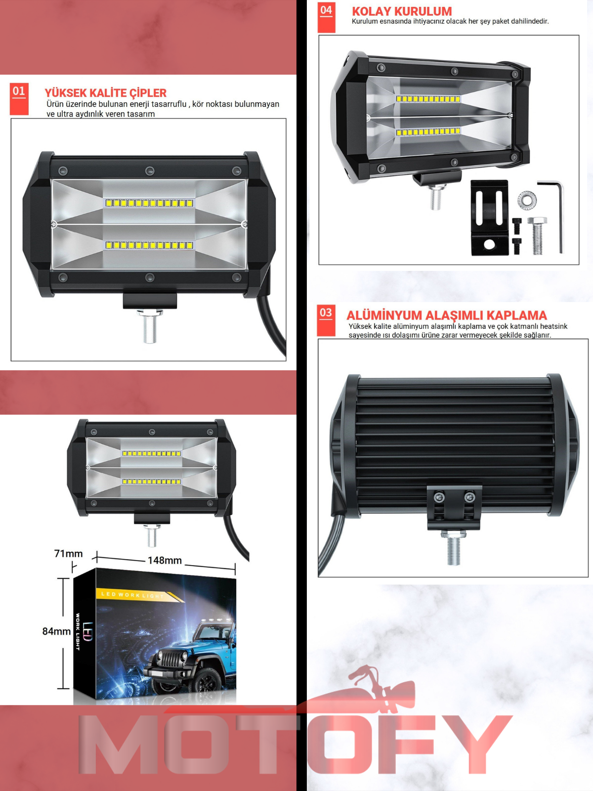 24 LEDLİ ALİMİNYUM GÖVDELİ SU GEÇİRMEZ ÇİFT SIRA MOTOSİKLET SİS FARI TAKIMI + USB'Lİ BUTON