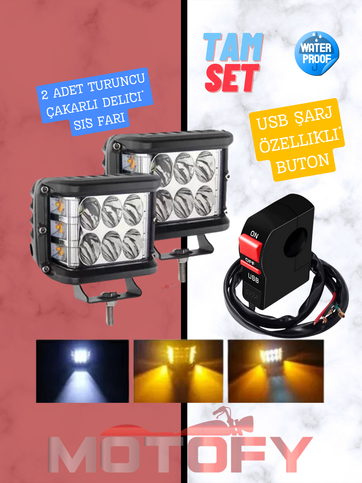 3 MODLU TURUNCU ÇAKARLI COMBO MOTOSİKLET SİS FARI TAKIMI 90W (45W+45W) YÜKSEK AYDINLATMA KALİTESİ + USBLİ AÇ KAPA BUTONU