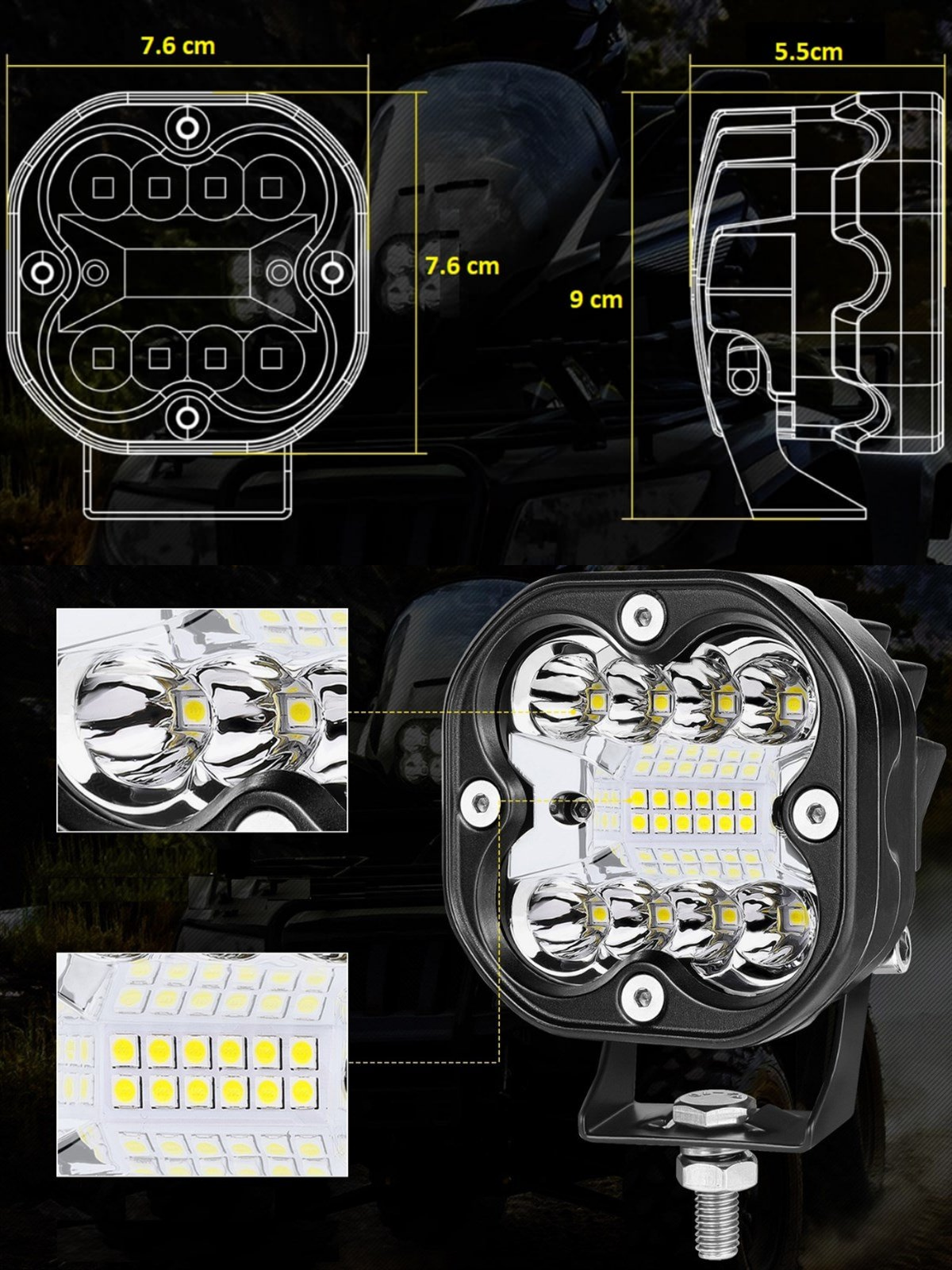 36 WATT 12 LED ÇAKAR MODLU SU GEÇİRMEZ ALİMİNYUM MOTOSİKLET SİS FARI TAKIMI + USB'Lİ BUTON + STANDART BUTON