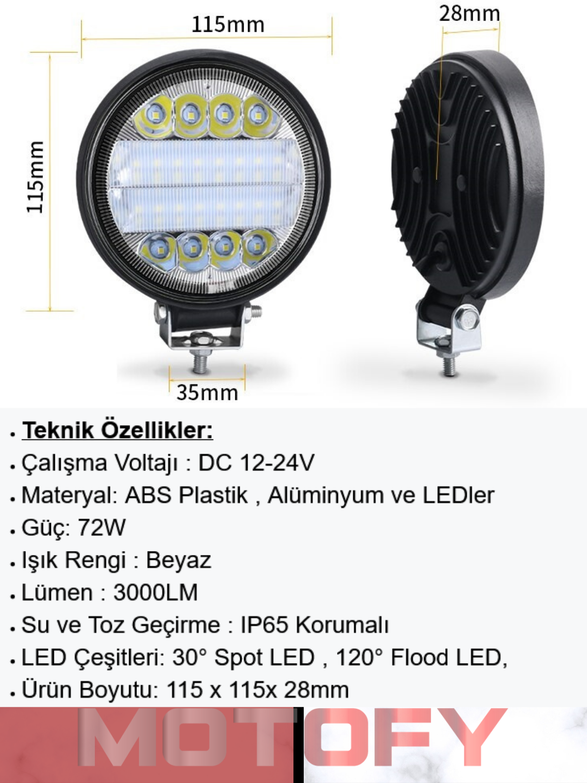 72 WATT YUVARLAK SU GEÇİRMEZ LED MOTOSİKLET SİS FARI TAKIMI + USB'Lİ BUTON
