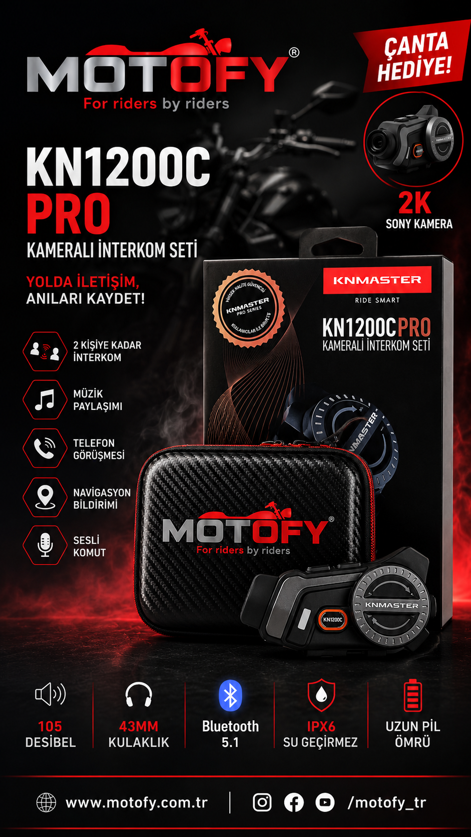 KNMASTER KN1200C PRO KAMERALI MOTOSİKLET KASK İNTERKOMU BLUETOOTH INTERCOM KULAKLIK SETİ