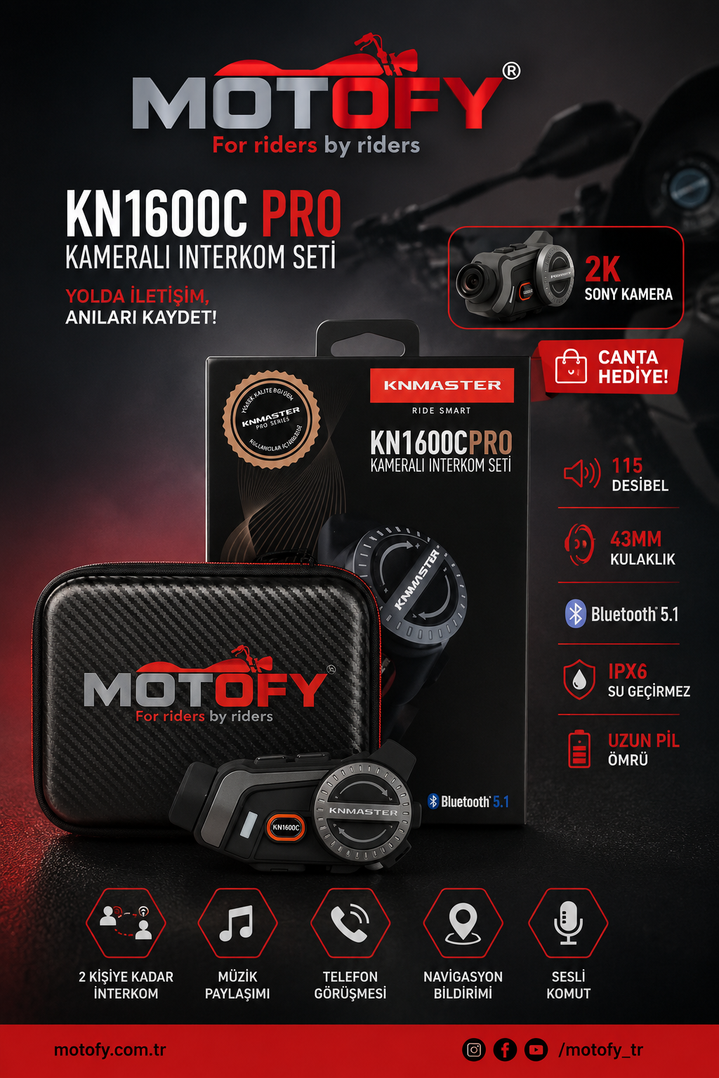 KNMASTER KN1600C PRO KAMERALI MOTOSİKLET KASK İNTERKOMU BLUETOOTH INTERCOM KULAKLIK SETİ