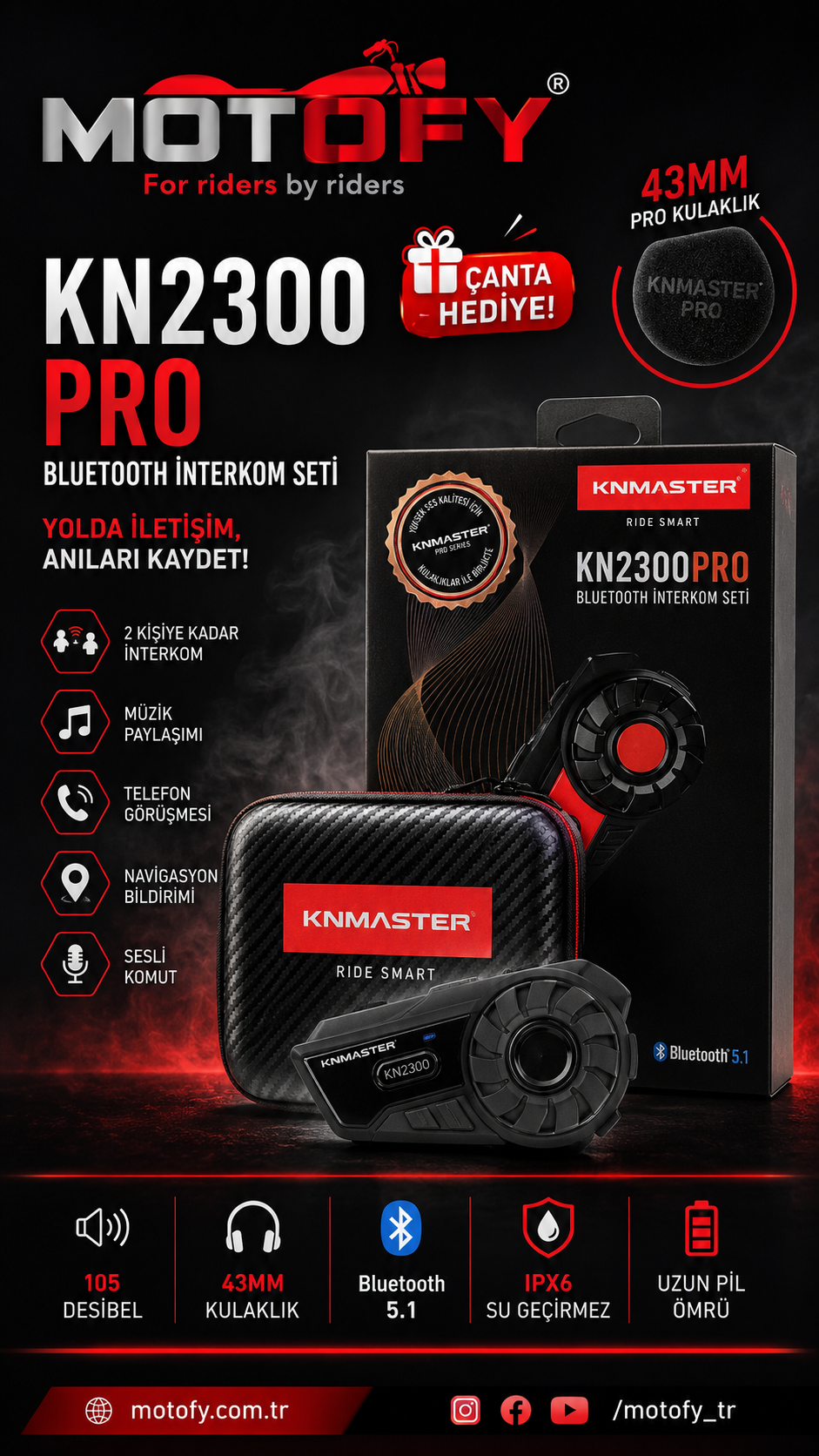 KNMASTER KN2300 PRO MOTOSİKLET KASK İNTERKOMU BLUETOOTH INTERCOM KULAKLIK SETİ