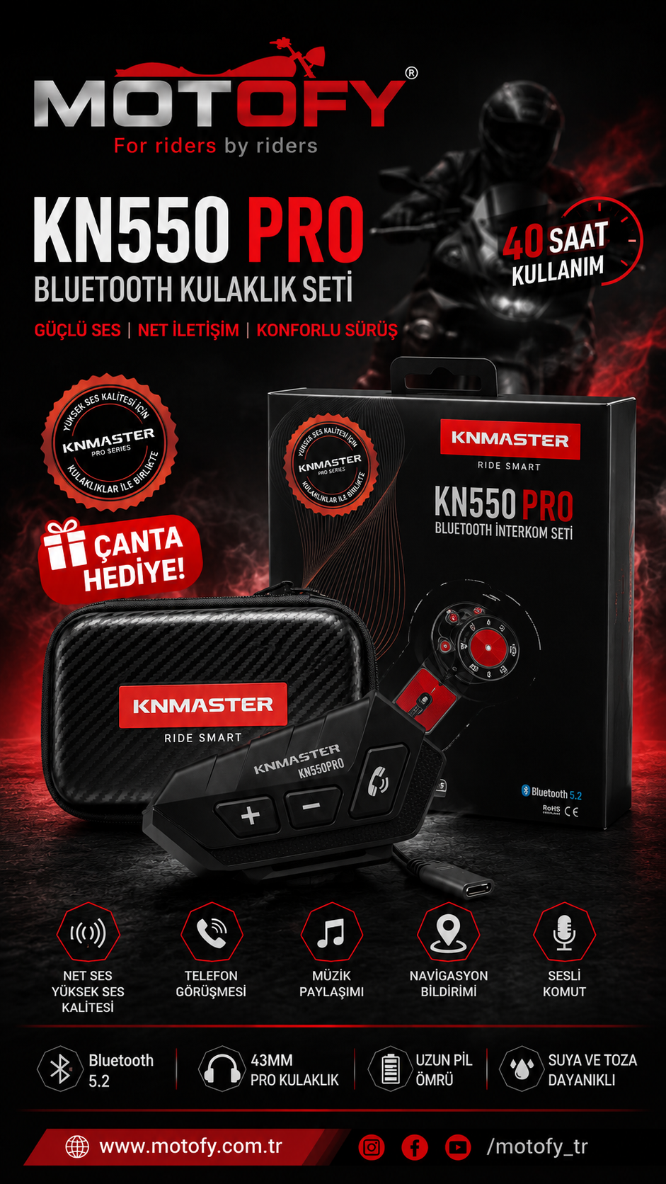 KNMASTER KN550 PRO MOTOSİKLET KASK İNTERKOMU BLUETOOTH INTERCOM KULAKLIK SETİ