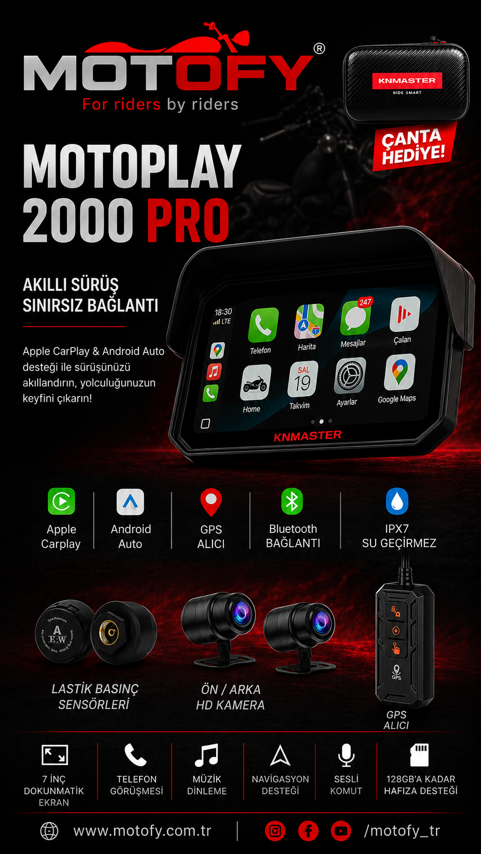 KNMASTER MOTOPLAY 2000 PRO MOTOSİKLET MULTİMEDYA CARPLAY VE ANDROİD AUTO UYUMLU