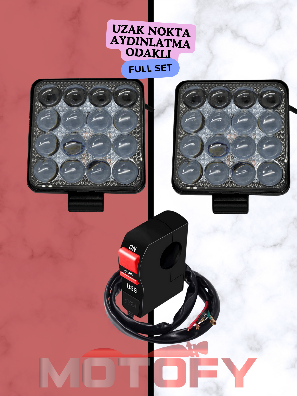UZAK AYDINLATMA ODAKLI MERCEKLİ 16 LEDLİ MOTOSİKLET SİS FARI TAKIMI + USB'Lİ BUTON 48+48 - 96 WATT