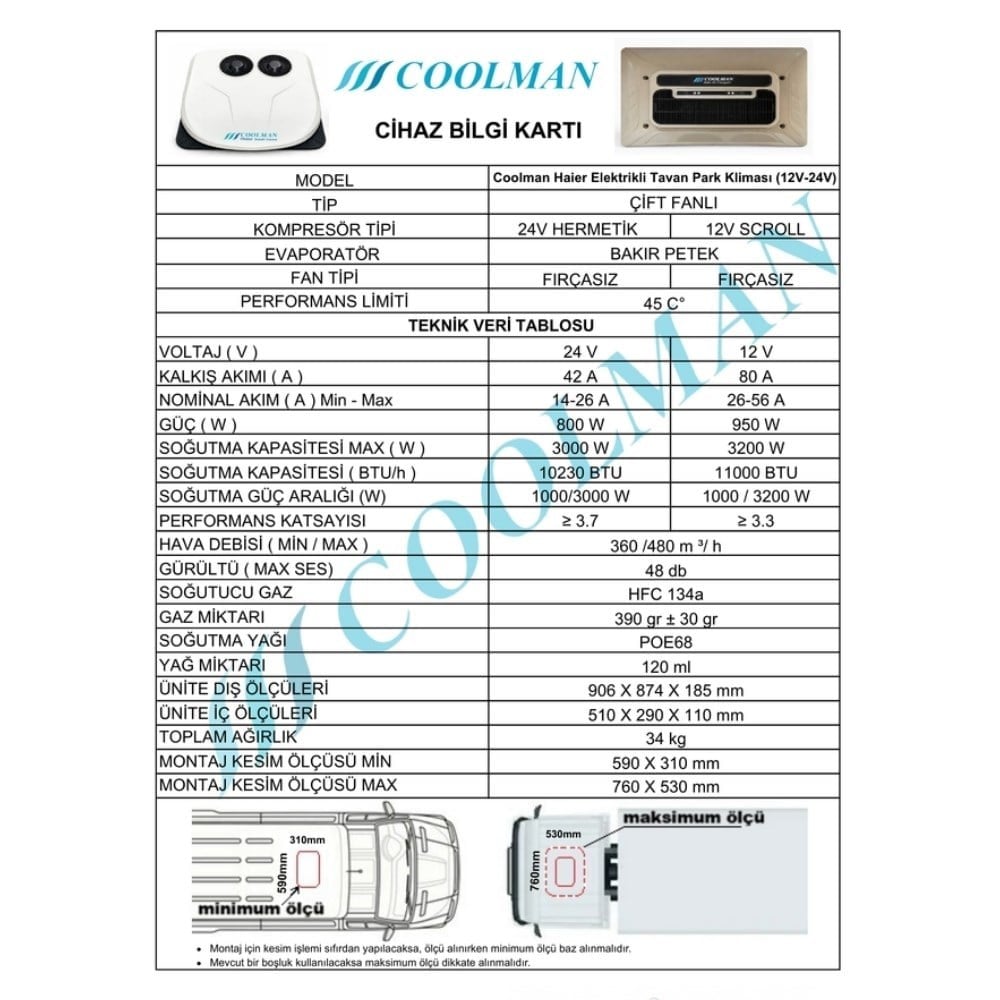 Coolman Haier Elektrikli Tavan Park Kliması Çift Fanlı - 12v (Ai Destekli) - Karavan Malzemeleri, Karavan EkipmanlarıTavan KlimalarıCoolmanCoolman Haier Elektrikli Tavan Park Kliması Çift Fanlı - 12v (Ai Destekli)