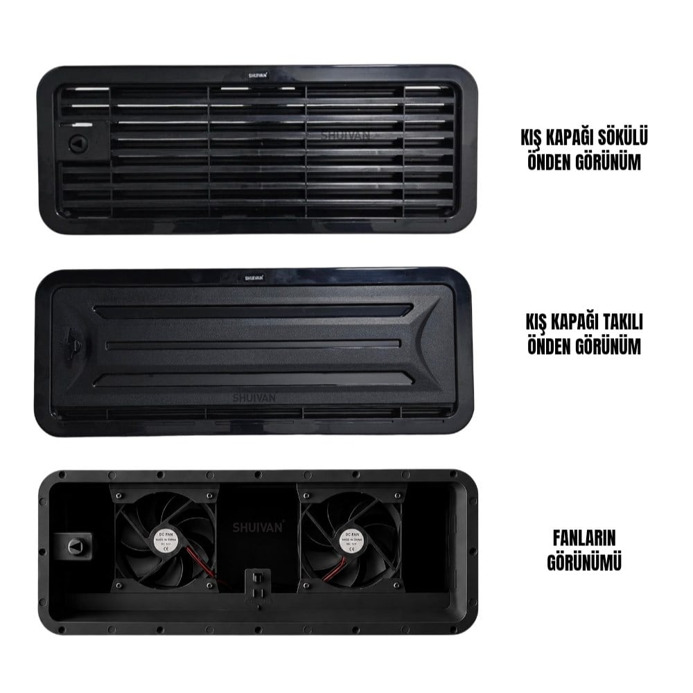 SHUIVAN Buzdolabı Havalandırma Menfezi 12v Fanlı Kış Kapaklı 48x18,5cm - Siyah - 12v - Karavan Malzemeleri, Karavan EkipmanlarıMenfezlerSHUIVANSHUIVAN Buzdolabı Havalandırma Menfezi 12v Fanlı Kış Kapaklı 48x18,5cm - Siyah - 12v