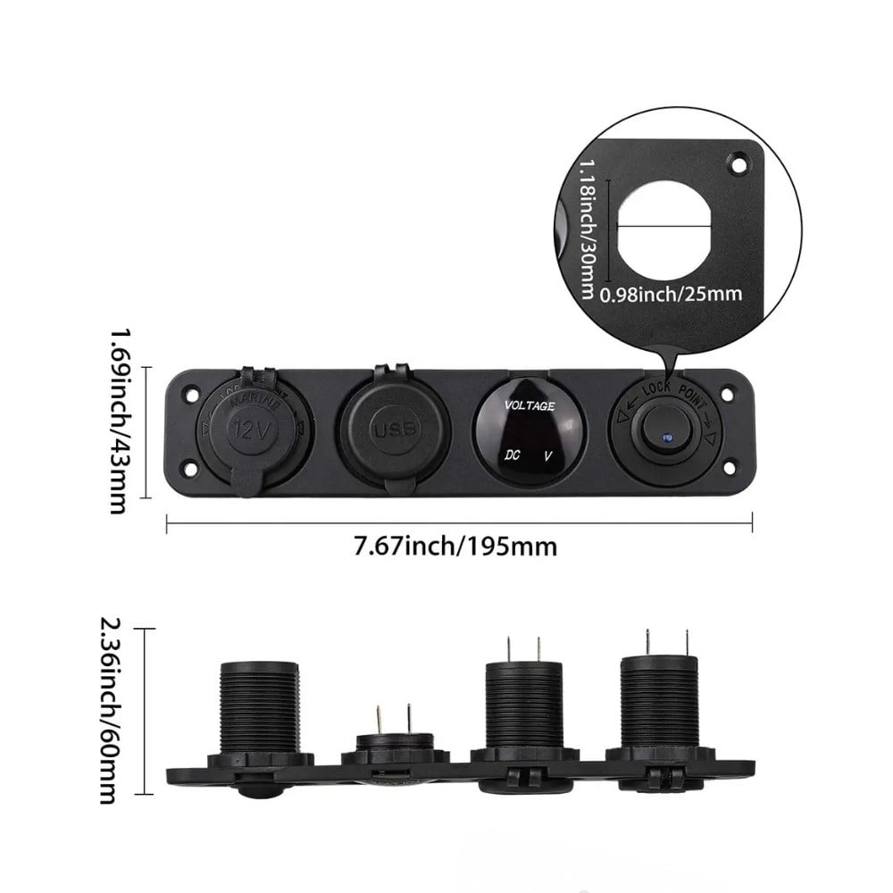 SHUIVAN Kombine Şarj Paneli Voltmetre - İkili USB - 12v Çakmak Söketi - On Off Anahtar - Karavan Malzemeleri, Karavan EkipmanlarıEnerji Portları & SöketlerSHUIVANSHUIVAN Kombine Şarj Paneli Voltmetre - İkili USB - 12v Çakmak Söketi - On Off Anahtar