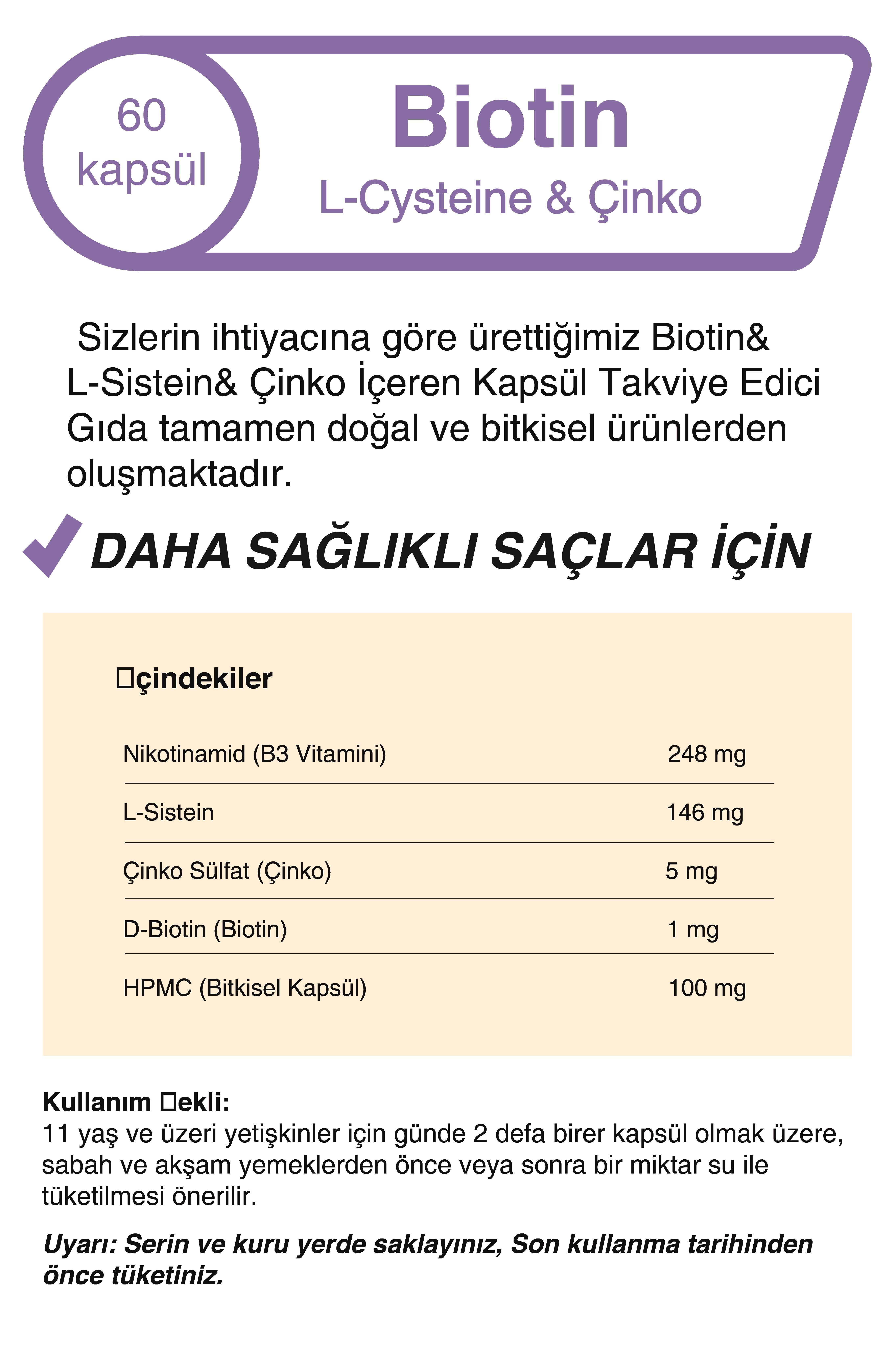 Biotin & L-Sistein & Çinko 500 Mg 60 Kapsül