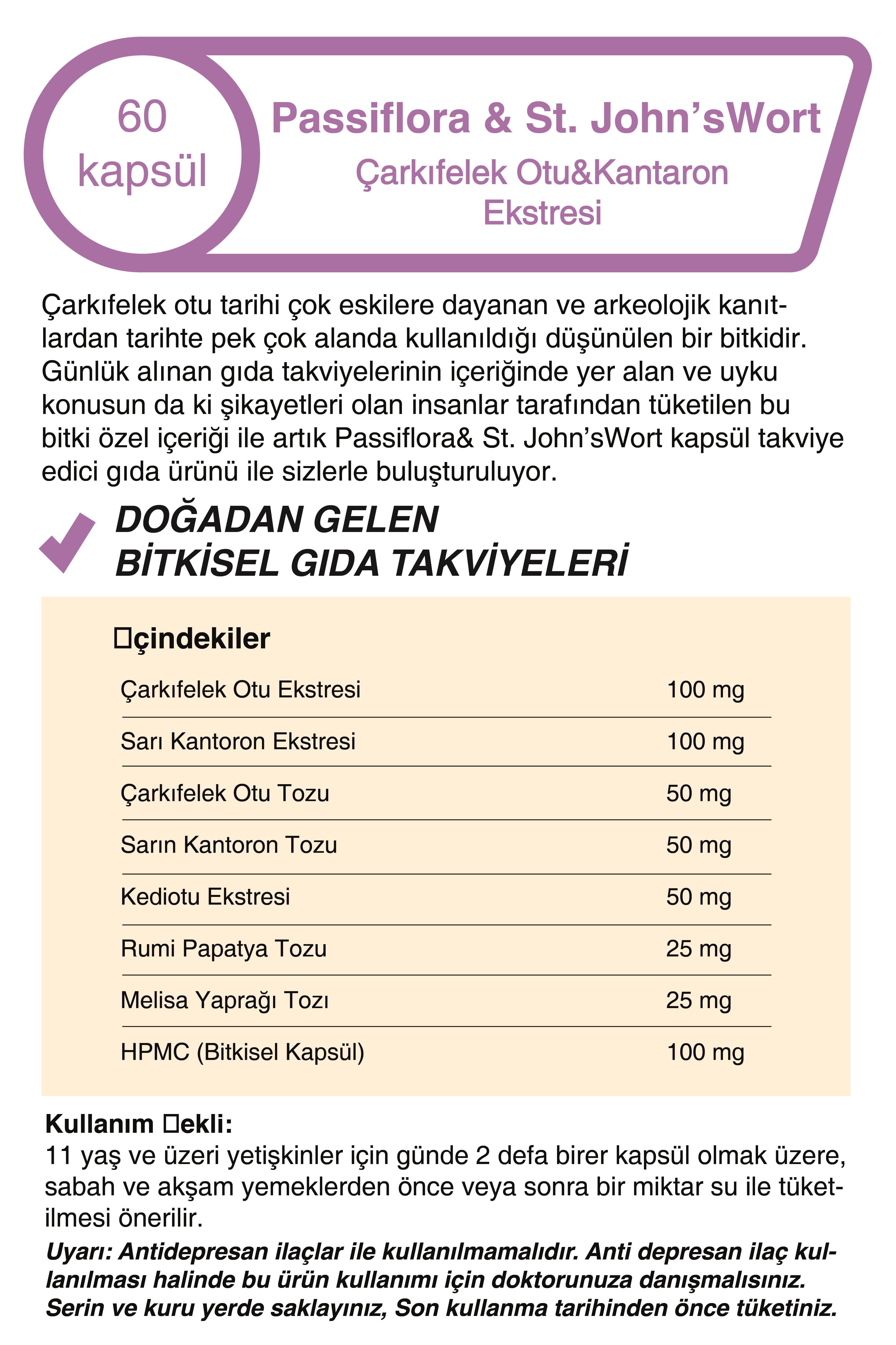 Çarkıfelek Otu (Passiflora) & Kantaron Ekstreli 500 Mg 60 Kapsül