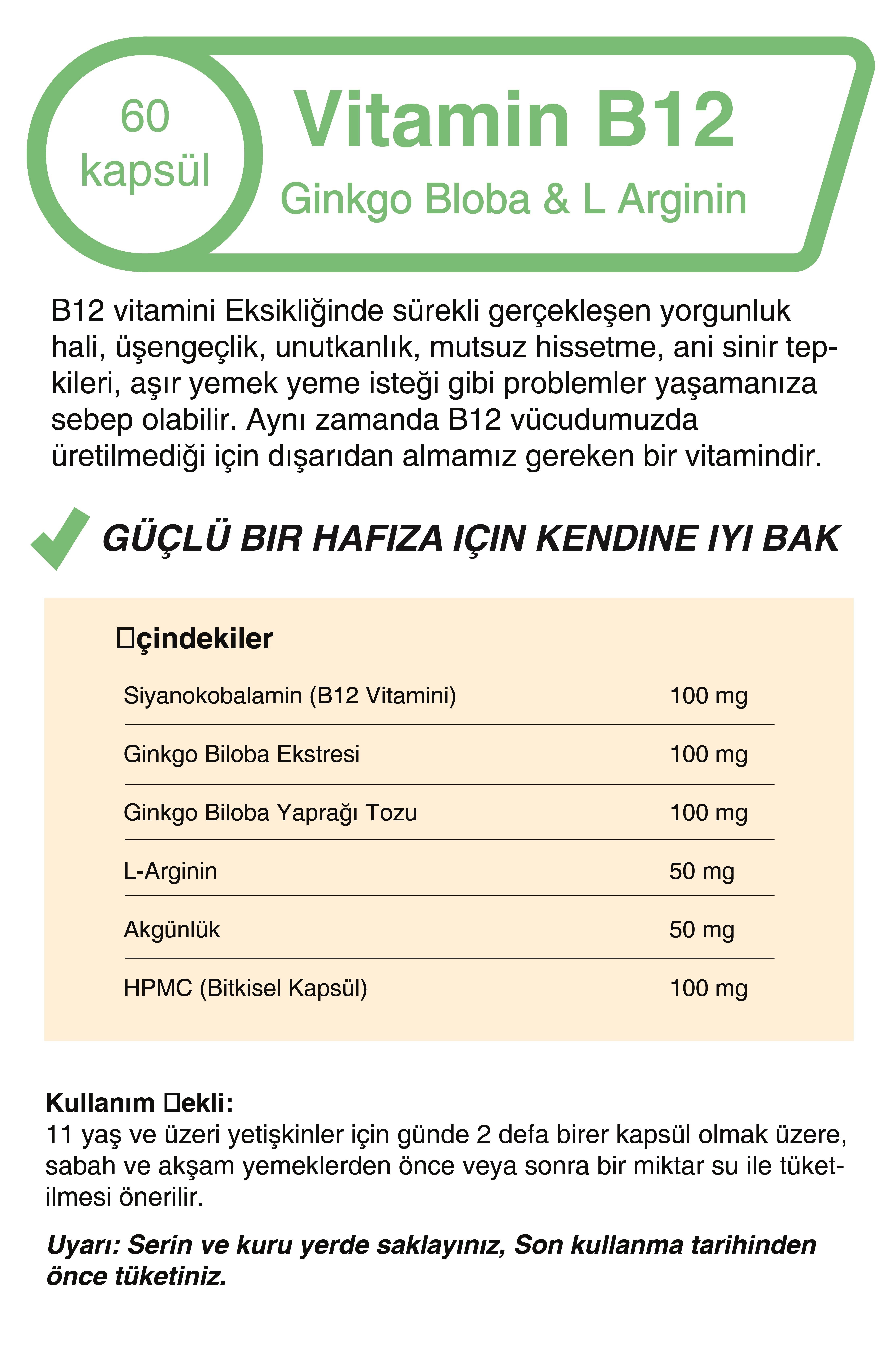 Vitamin B12 & Ginkgo Bloba Ekstresi & L Arginin 500 Mg 60 Kapsül