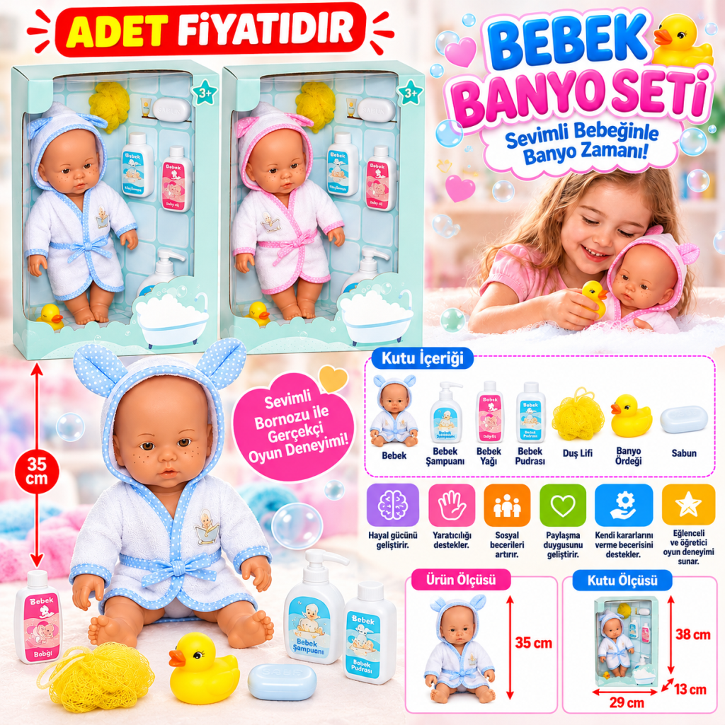 030031 NessiWorld Banyo Zamanı Bebek Seti, 35 cm / +3 yaş adet fiyatıdır