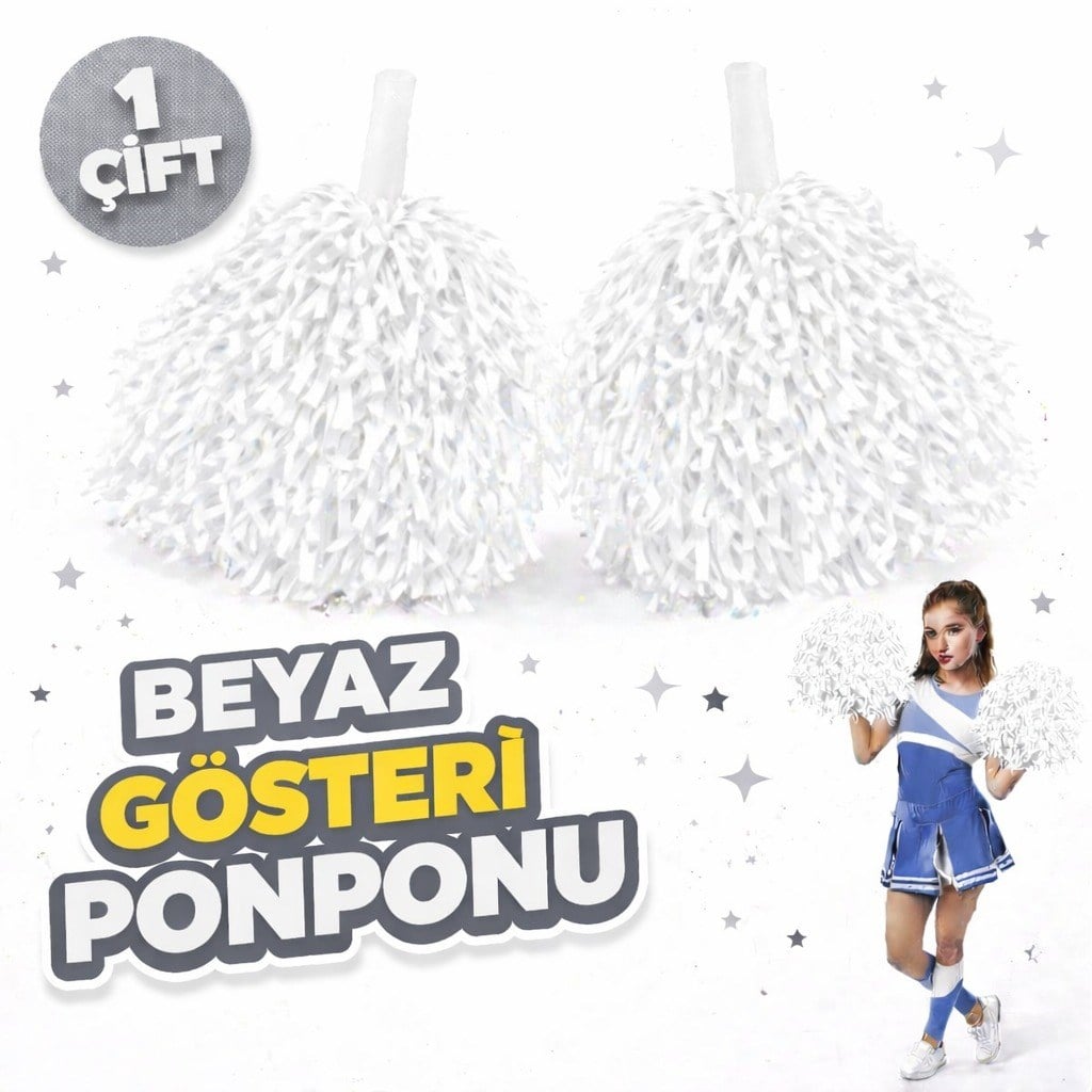 1 Çift ( 2 Adet ) Beyaz Renk 23 Nisan 19 Mayıs 29 Ekim Okul Gösteri Ponponları Ekstra Dolgun
