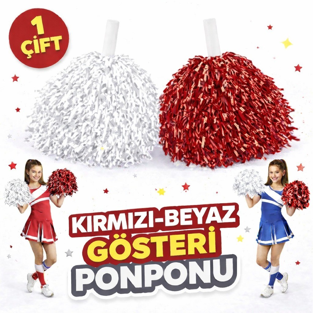 1 Çift ( 2 Adet ) Kırmızı-Beyaz Renk 23 Nisan 19 Mayıs 29 Ekim Okul Gösteri Ponponları Ekstra Dolgun