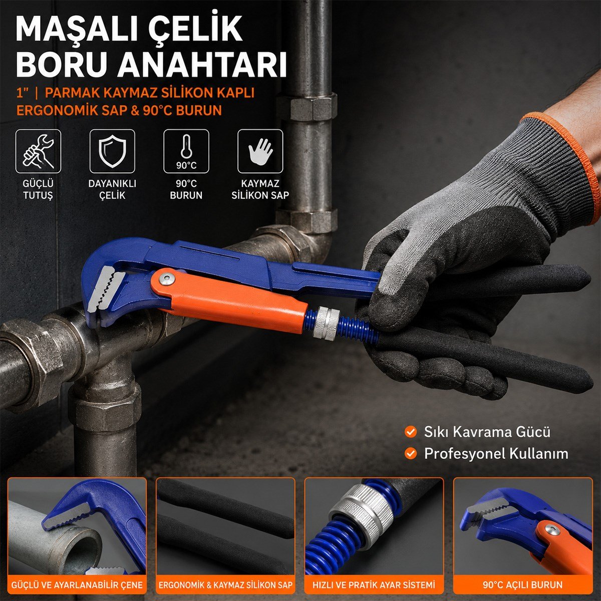 1 inç Çelik Boru Anahtarı (Silikon Saplı, 90° Maşalı)