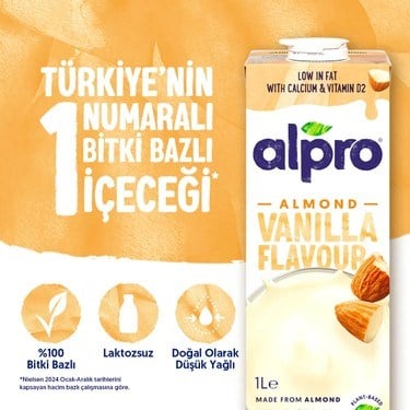 1 L Vanilya Aromalı Laktozsuz Badem Sütü