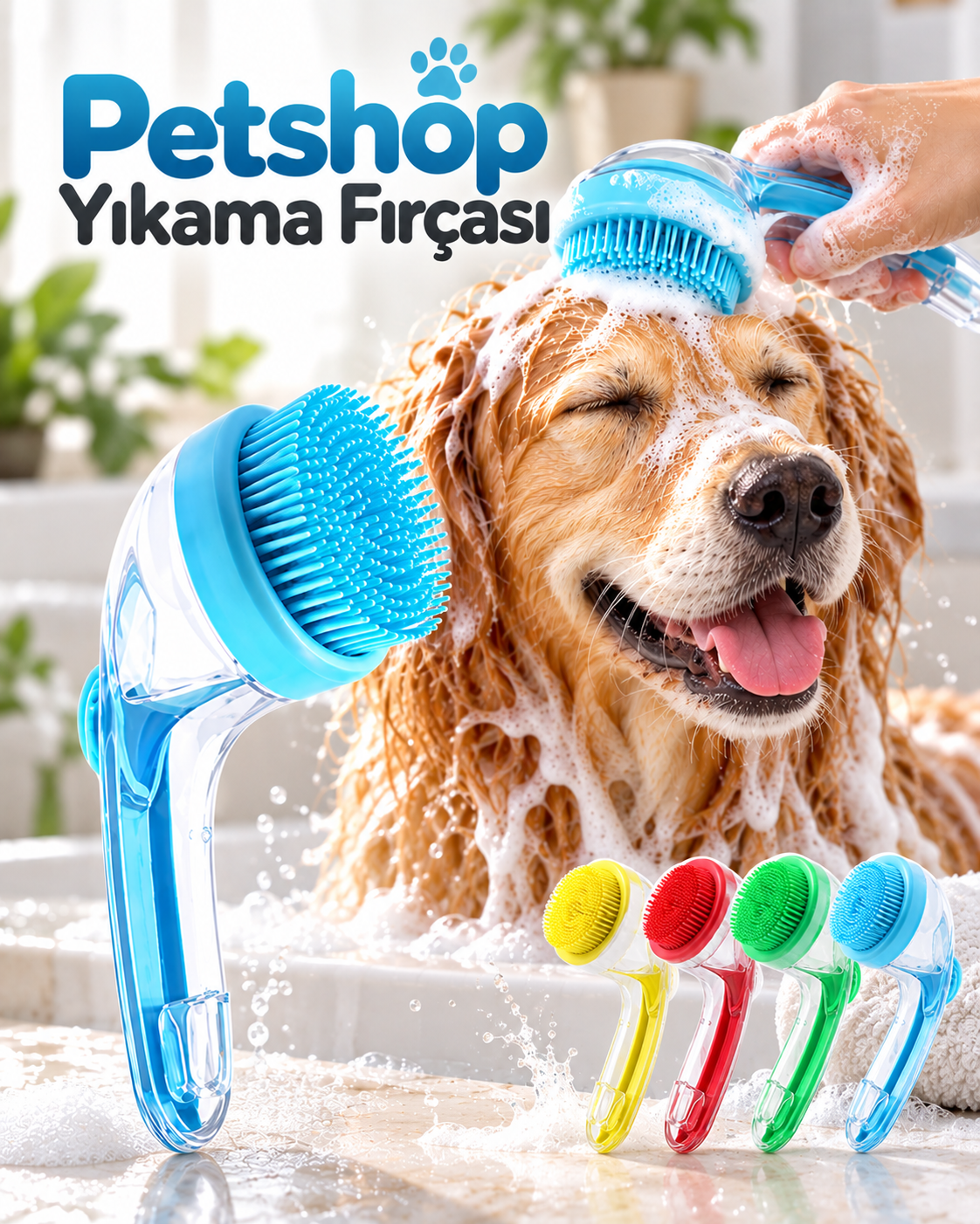 1. Yumuşak Silikon Uçlu Pet Banyo Fırçası Şampuan Hazneli Kedi Köpek Yıkama ve Masaj Tarağı