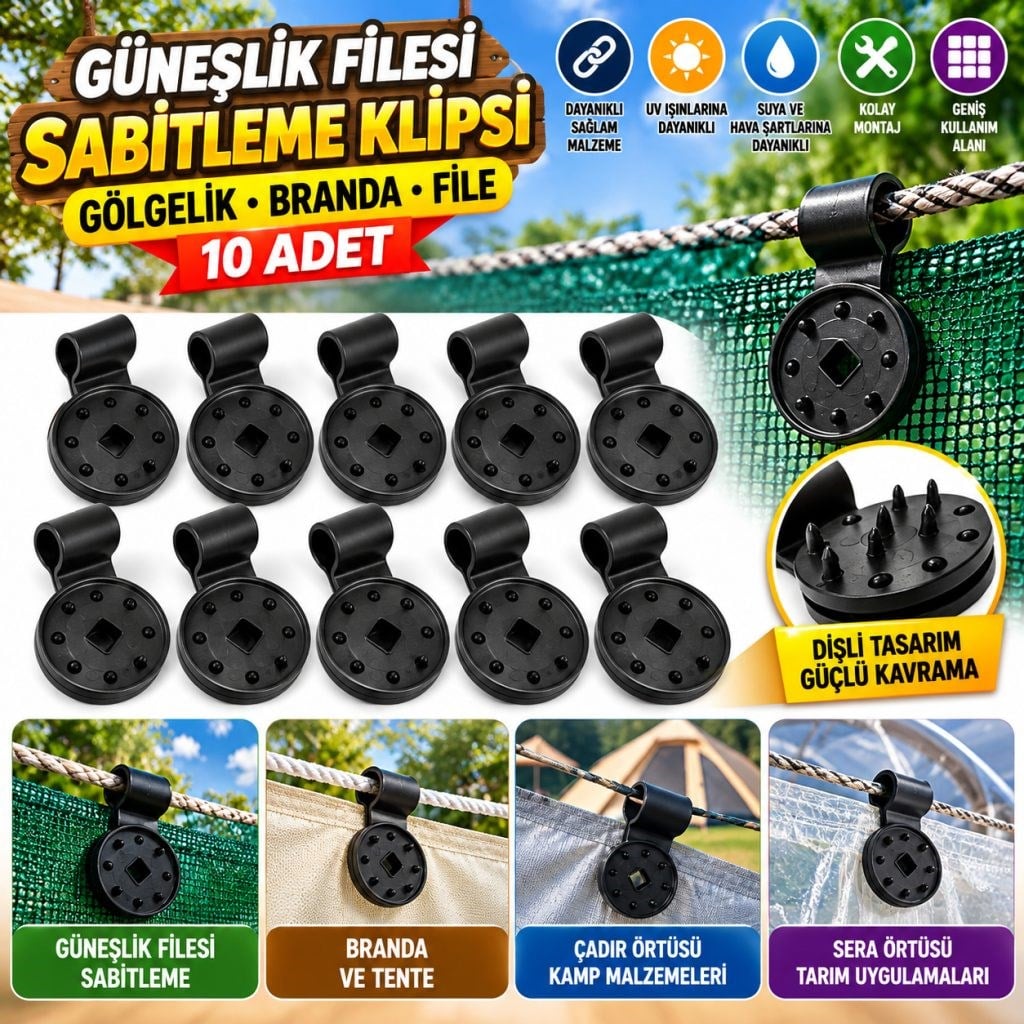 10 Adet Güneşlik Filesi Sabitleme Klipsleri, Gölgelik Bezi ve Brandalar İçin Dayanıklı Plastik Kelepçe Kancaları