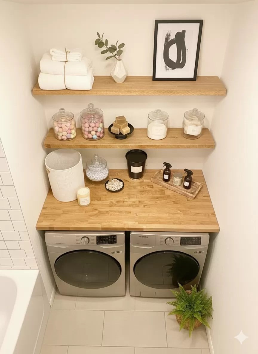 %100 Masif Ahşap Çamaşır Makinesi ve Kurutma Makinesi Üstü ve Duvar Rafları 120X60CM
