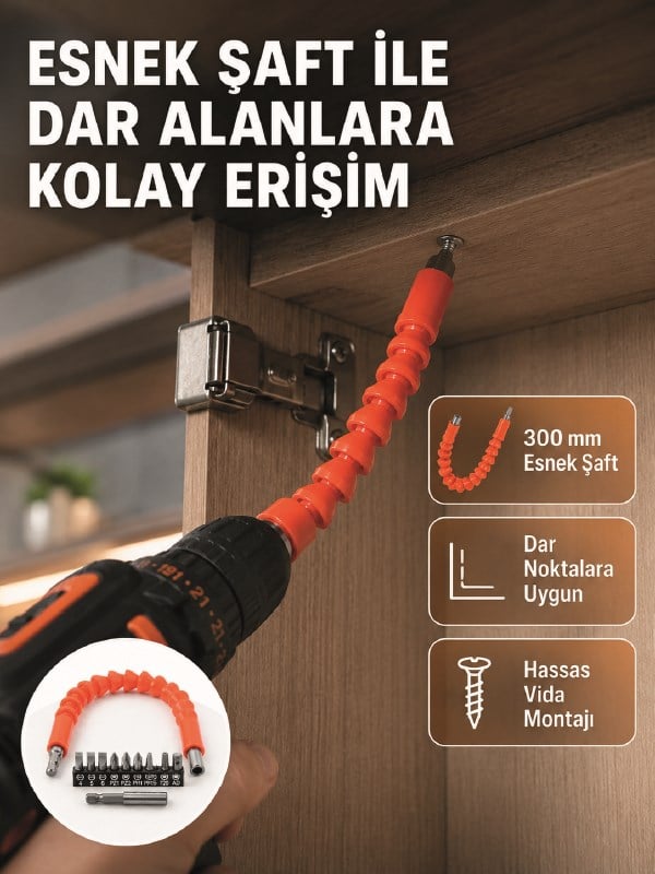 12 Parça Esnek Bits Uç Seti 300 mm Esnek Şaftlı Tornavida Uç Seti