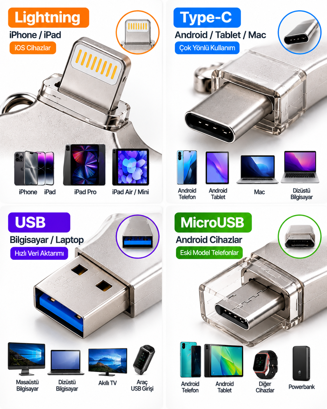 128GB Taşınabilir 4in1 Flash Bellek iPhone iPad Android Tablet Mac Bilgisayar Uyumlu
