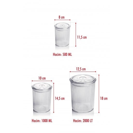 12'li Barok Yuvarlak 3 Boy Kavanoz Seti & Saklama Kabı & Erzak Kabı (4*2000 ML, 4*1000 ML, 4*500 ML)